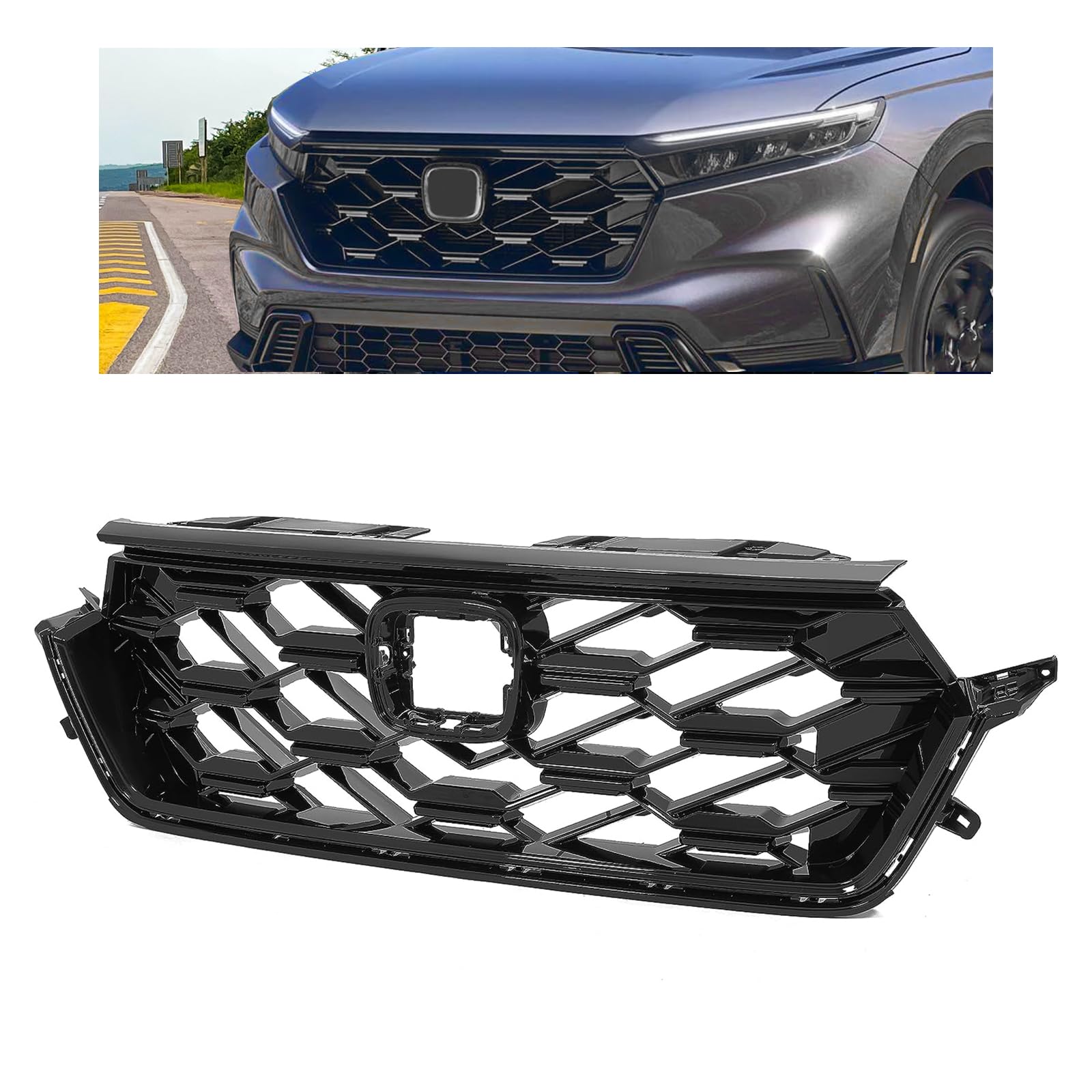 HECASA Front Bumper Grille Compatible with 2023-2024 Honda CR-V CRV Upper Grill Black Painted ABS