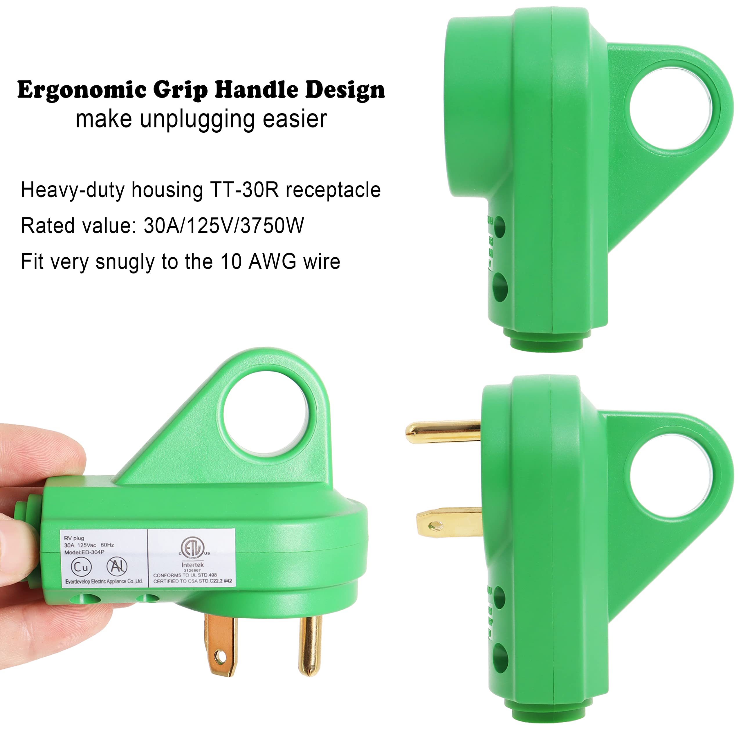 30 Amp Rv Male And Female Plug Set - Green Camper With Handle, Electrical Adapter Receptacle 55245