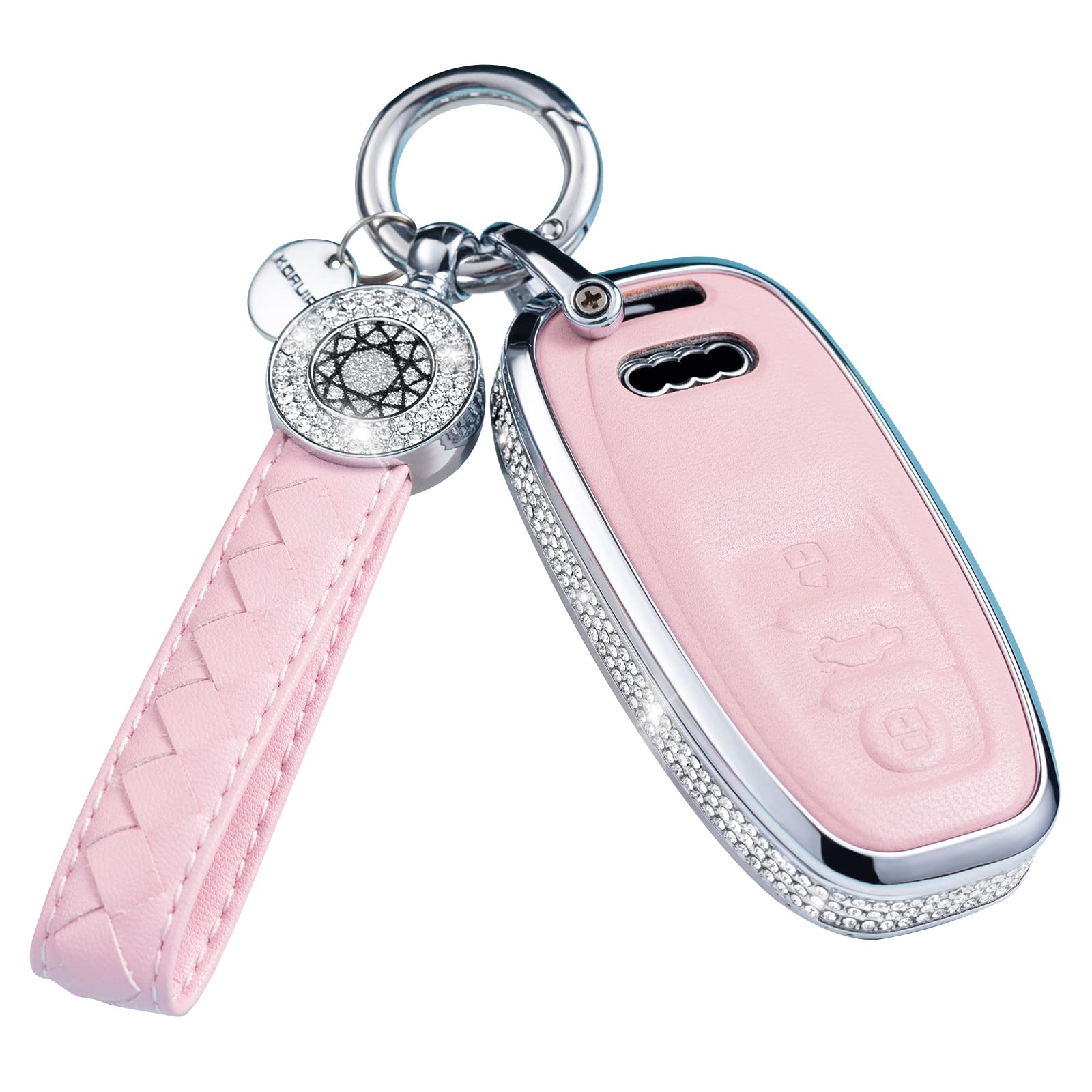 Ruabiban Compatible Audi Key Fob Cover, Pink Genuine Leather Crystal Case For Audi A4 A5 A6 A7 A8 Q5 Q7 S3 S4 S5 S6 S7 S8 Sq5 Rs