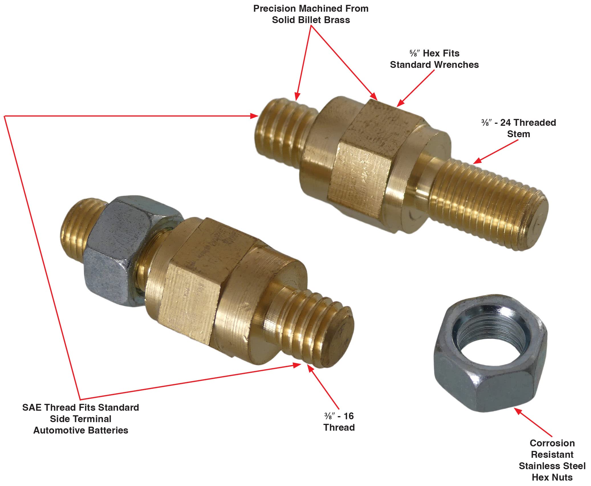 Tech Team #00800 Brass Side Post Battery Terminals, Solid Brass, 3/8-16 Thread, Long Stud, 6 Pack