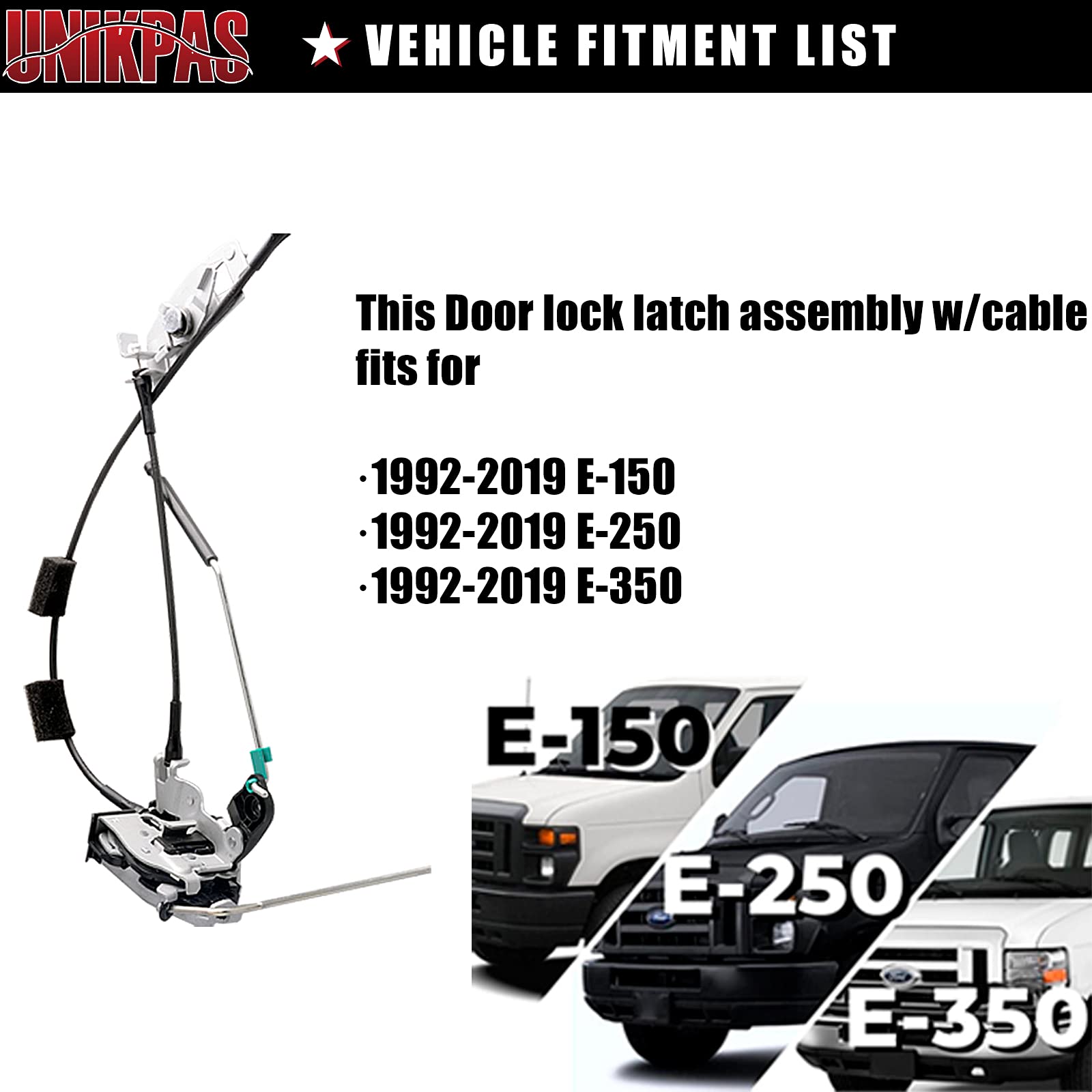 Unikpas Door Latch Assembly w/Cable & Rod for Ford E150 E250 E350 Rear Right Cargo Door, Compatible Replacement 6C2Z-15431A02-AA