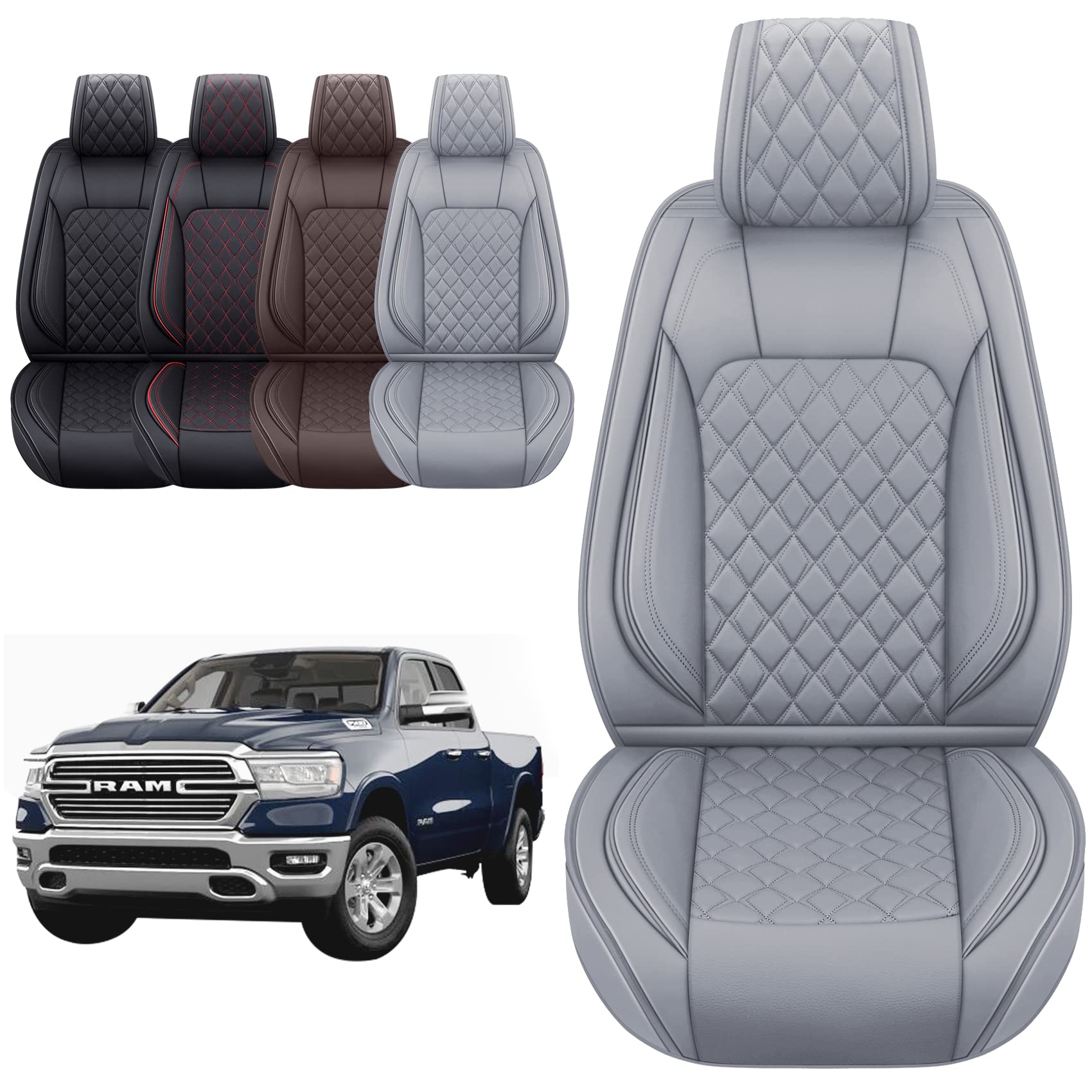 Aierxuan Dodge Ram Car Seat Covers Front Pair Waterproof Leather Custom Fit 2009-2023 1500/2500/3500 Crew Quad Regular Cab Truck Pickup Compatible With Airbag(2 Pcs Front/Grey)