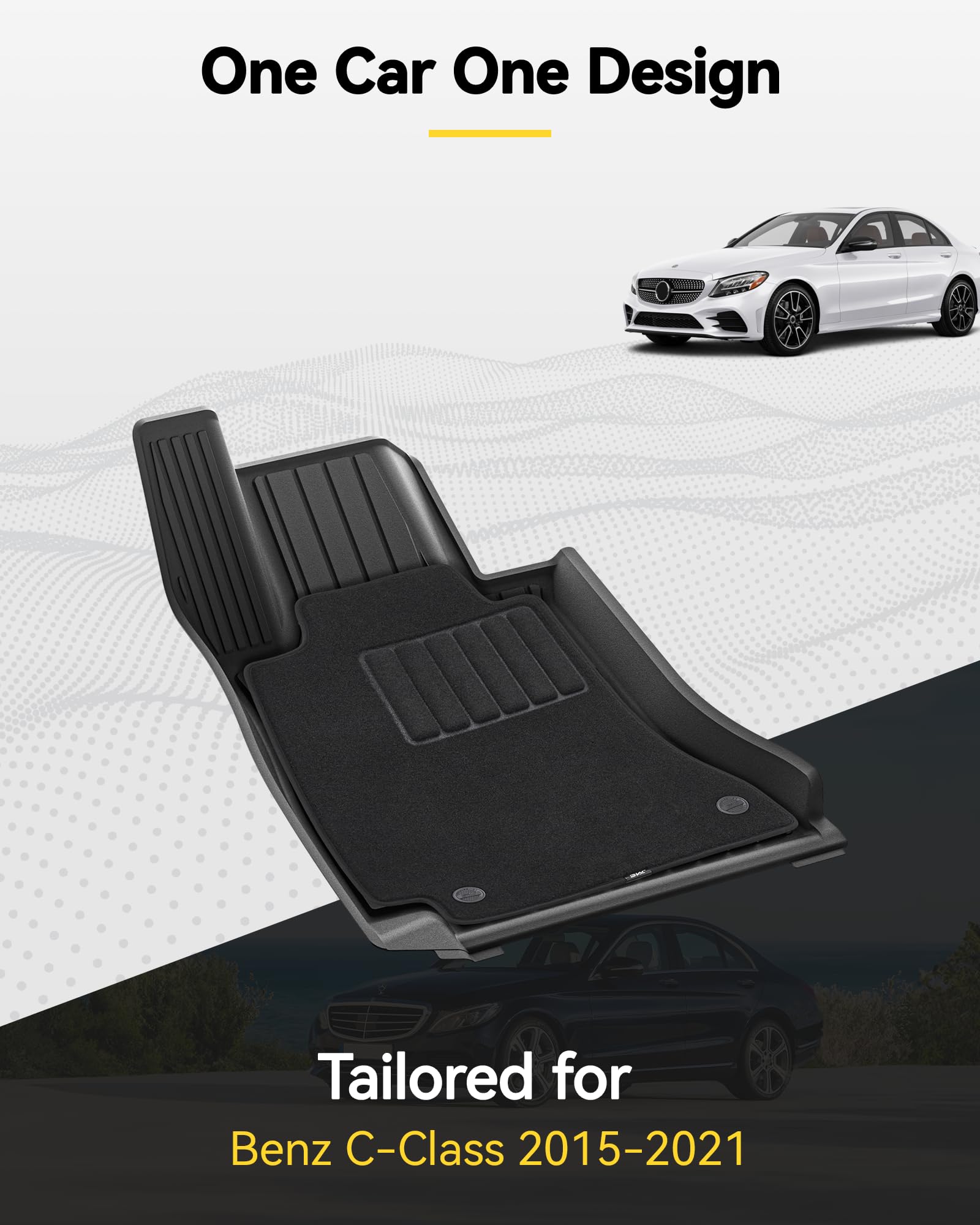 3W Floor Mats With Carpets Custom Fit Mercedez Benz C-Class 2015-2021(For Sedan Only), Tpe Floor Liner Thickened Carpet With Saf