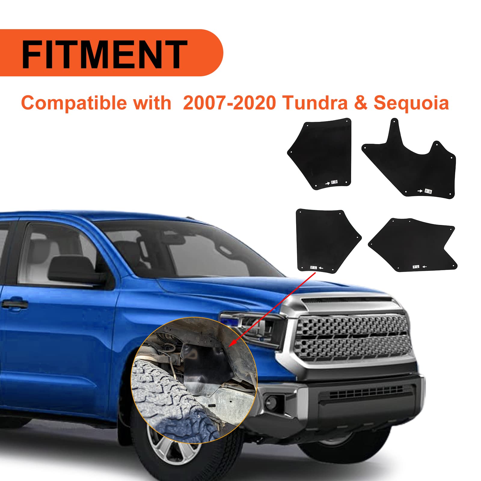 ECOTRIC Splash Guards Fender Liner Shields Compatible with 2007-2022 Toyota Tundra Sequoia Replacement for 537370C030 537360C030 537390C020 Front Fender Aprons Seals Mud Flaps Mudguards w/Clips 4Pcs