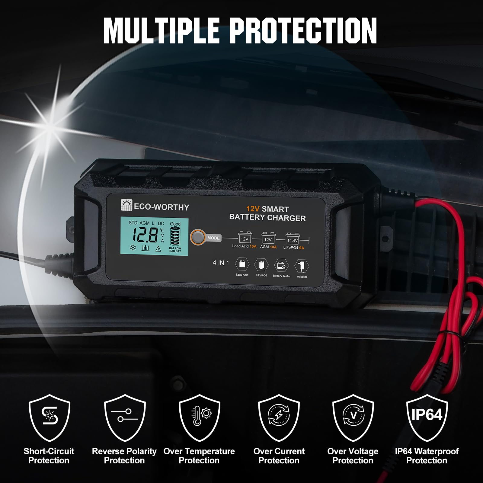 Eco-Worthy 10A Lifepo4 Battery Charger 12V, Smart Car Battery Charger Automotive Battery Maintainer, Trickle Charger And Desulfator For Lead Acid Motorcycle Marine Boat