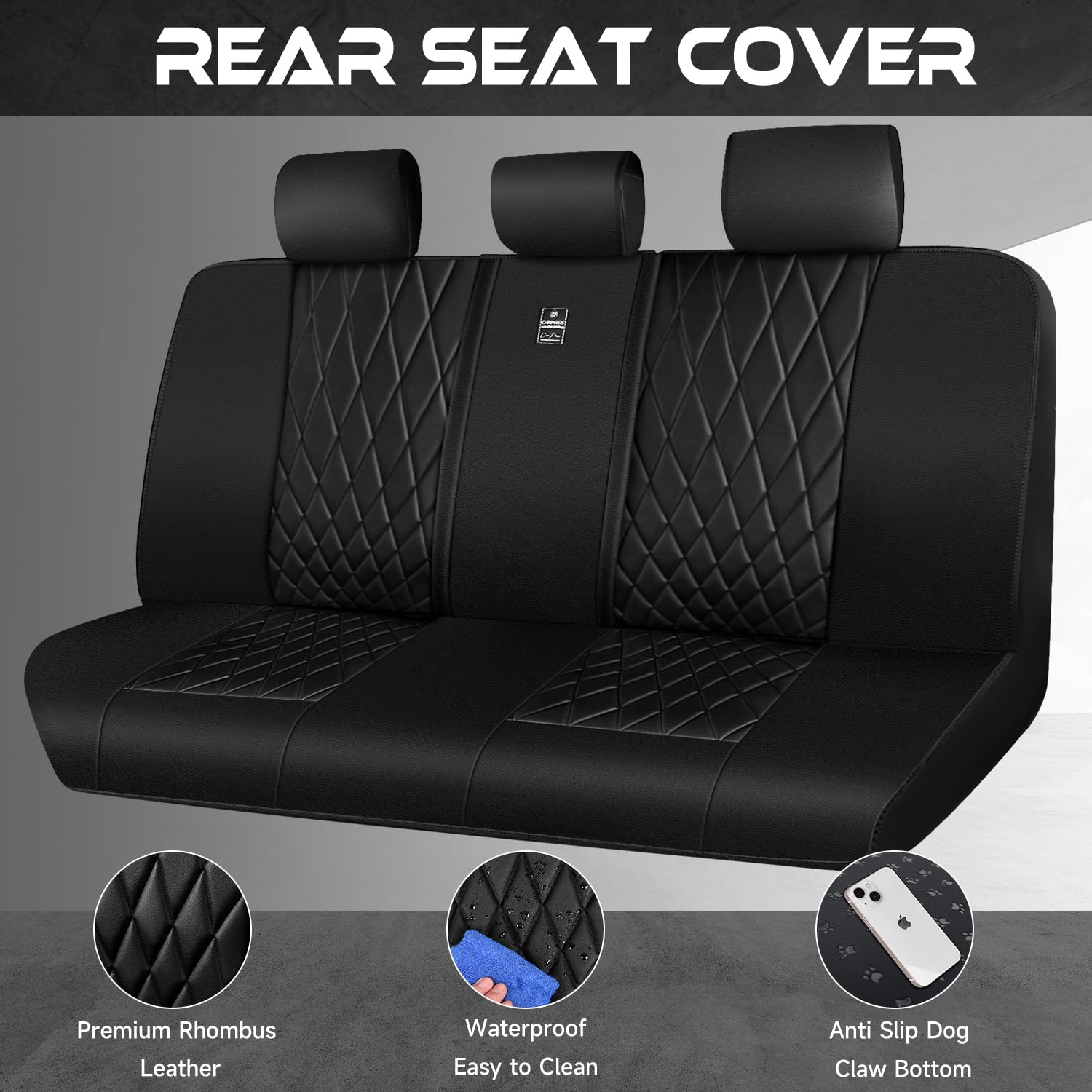 Car Pass Luxury Faux Leather Rear Bench Car Seat Covers, Waterproof Anti Slip Back Seat Covers, Deluxe Automotive Backseat Cover