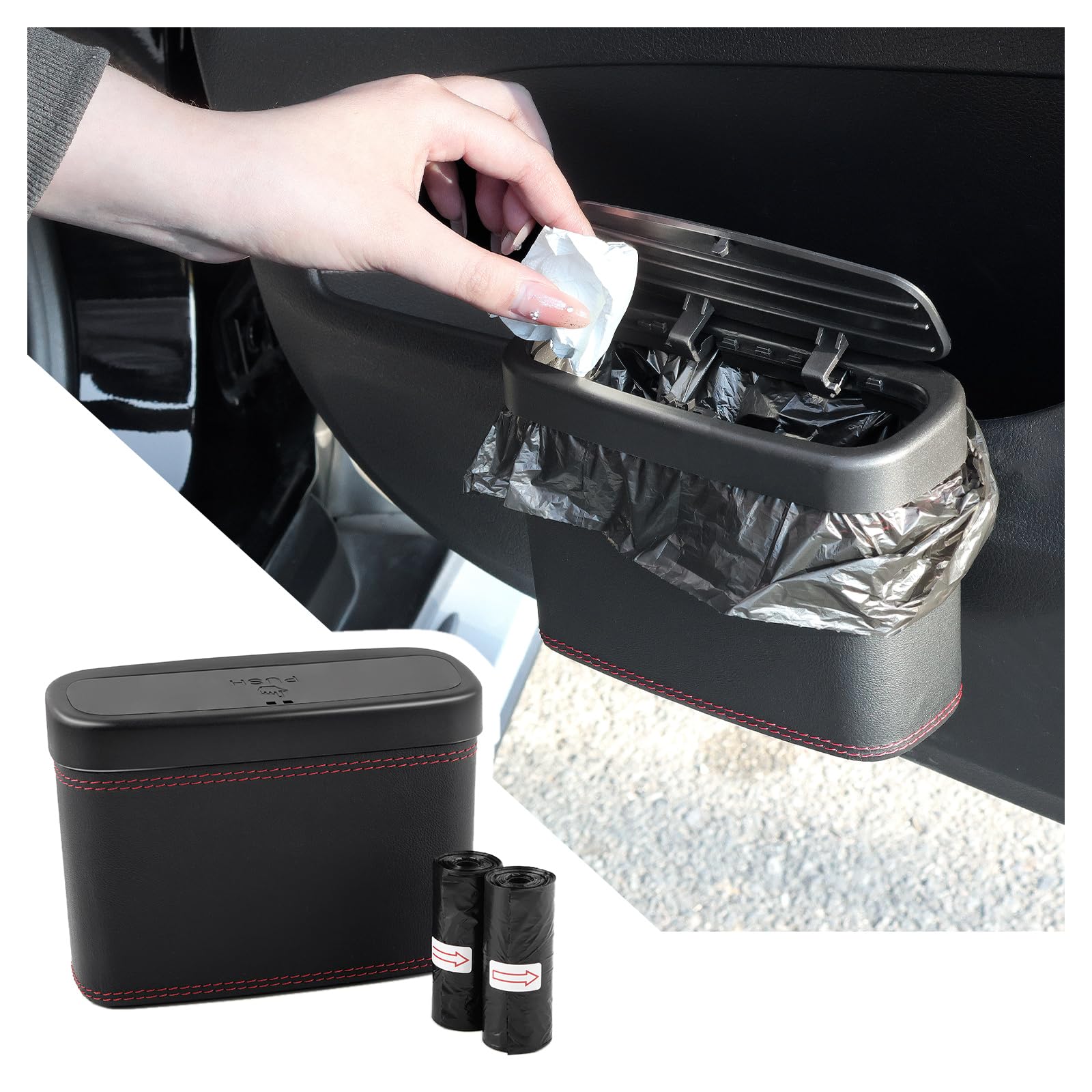 Car Trash Can with Lid,Leather Car Trash Bin with 30 Car Trash Bag,Hanging Leakproof Car Garbage Can,Multi-Purpose Car Organizat