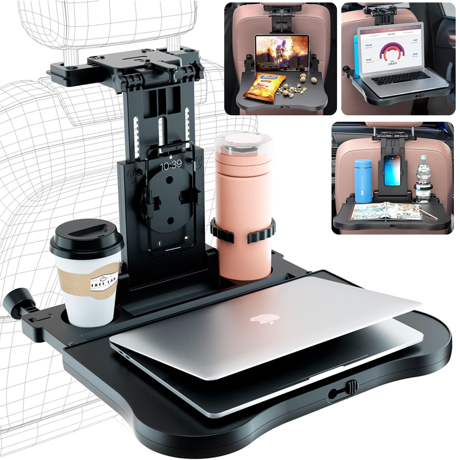 Car Back Seat Tray Table - Stable Foldable Auto Backseat Food Trays Desk for Rear Passenger Road Trip Eating & Work, Multifuncti