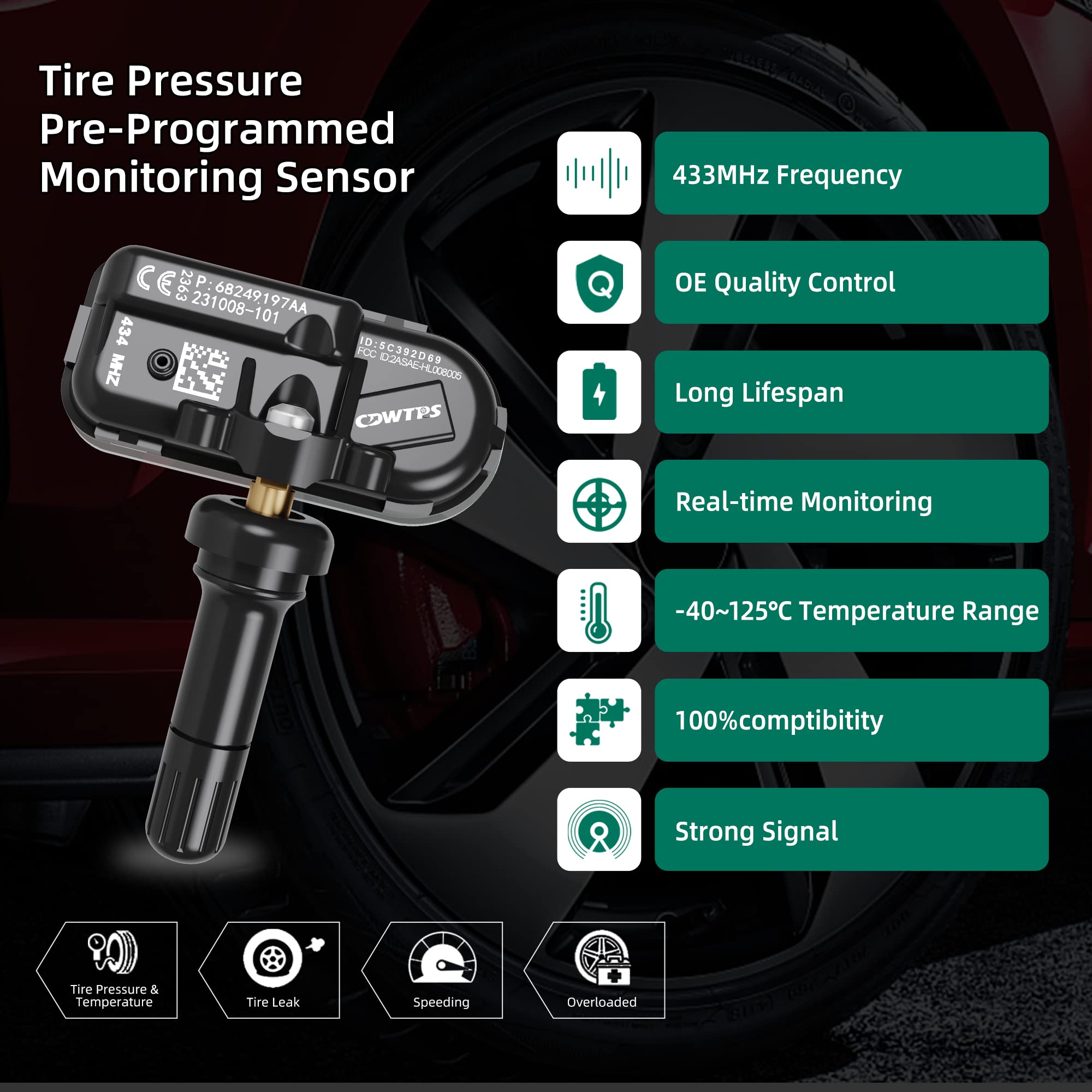 Tpms Sensor Dodge, 4-Pack 434Mhz Tire Pressure Monitor Sensors Compatible With Dodge Ram Jeep Cherokee Replace#68249197Aa.682397