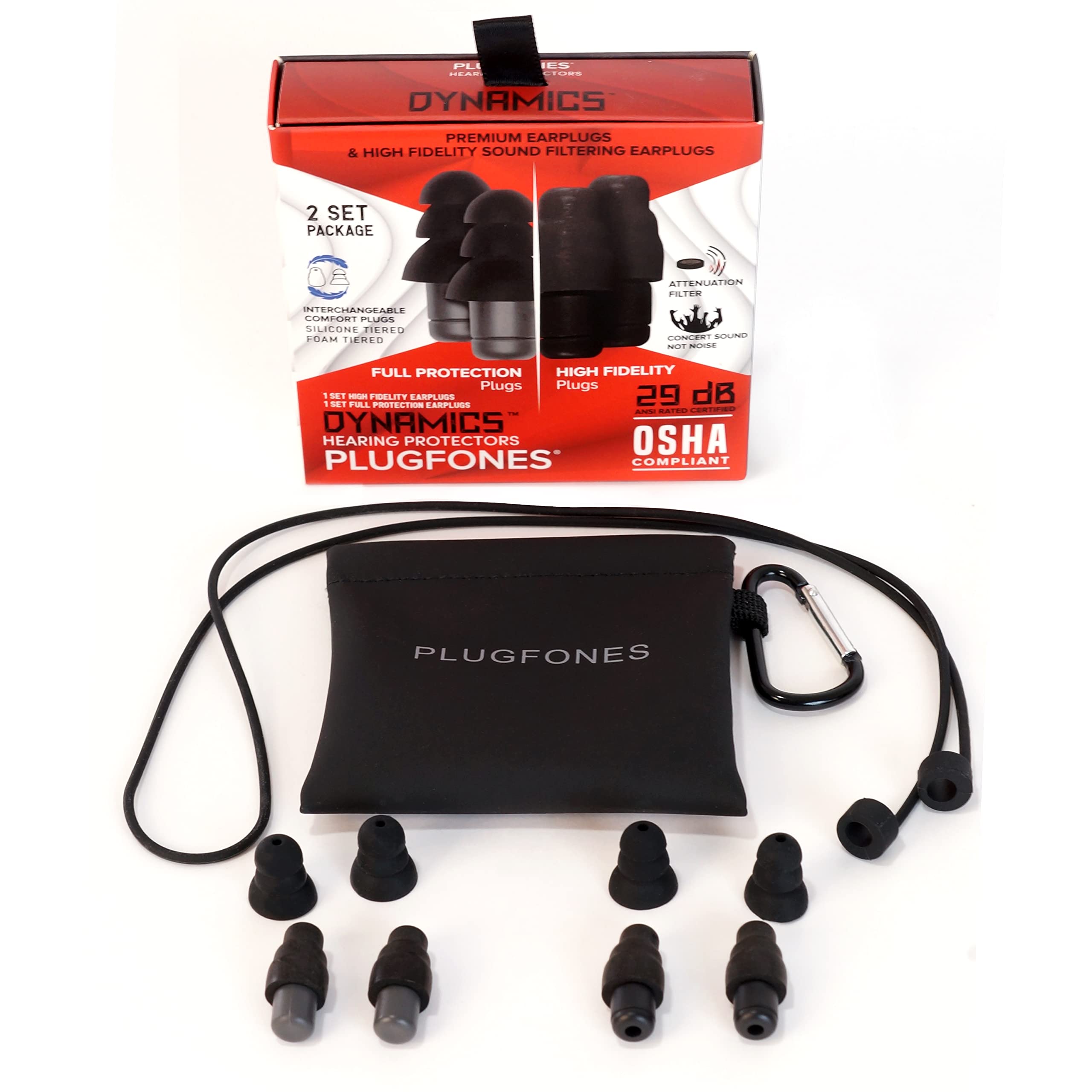 Plugfones Dynamics High Fidelity Earplugs and Full 29 NRR Earplugs 2 Pair Set for Concerts Musicians Shooting and More with Carabiner Pinch case and Removable Comfort Connector Cable-New
