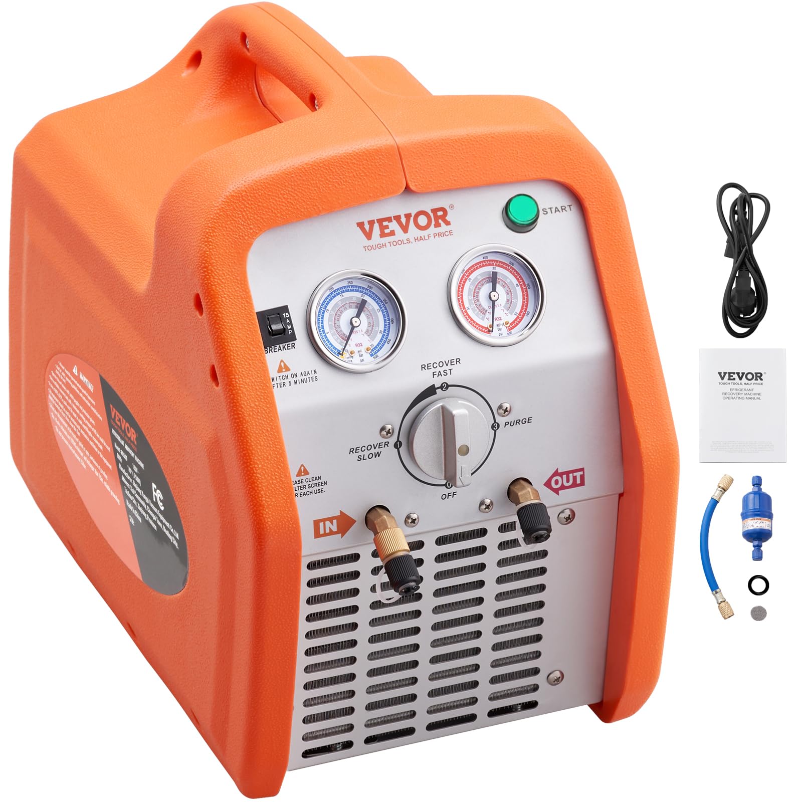 VEVOR 1 HP Refrigerant Recovery Machine - Dual Cylinder Portable AC Recovery Machine with High Pressure Protection 120V 60Hz Rec