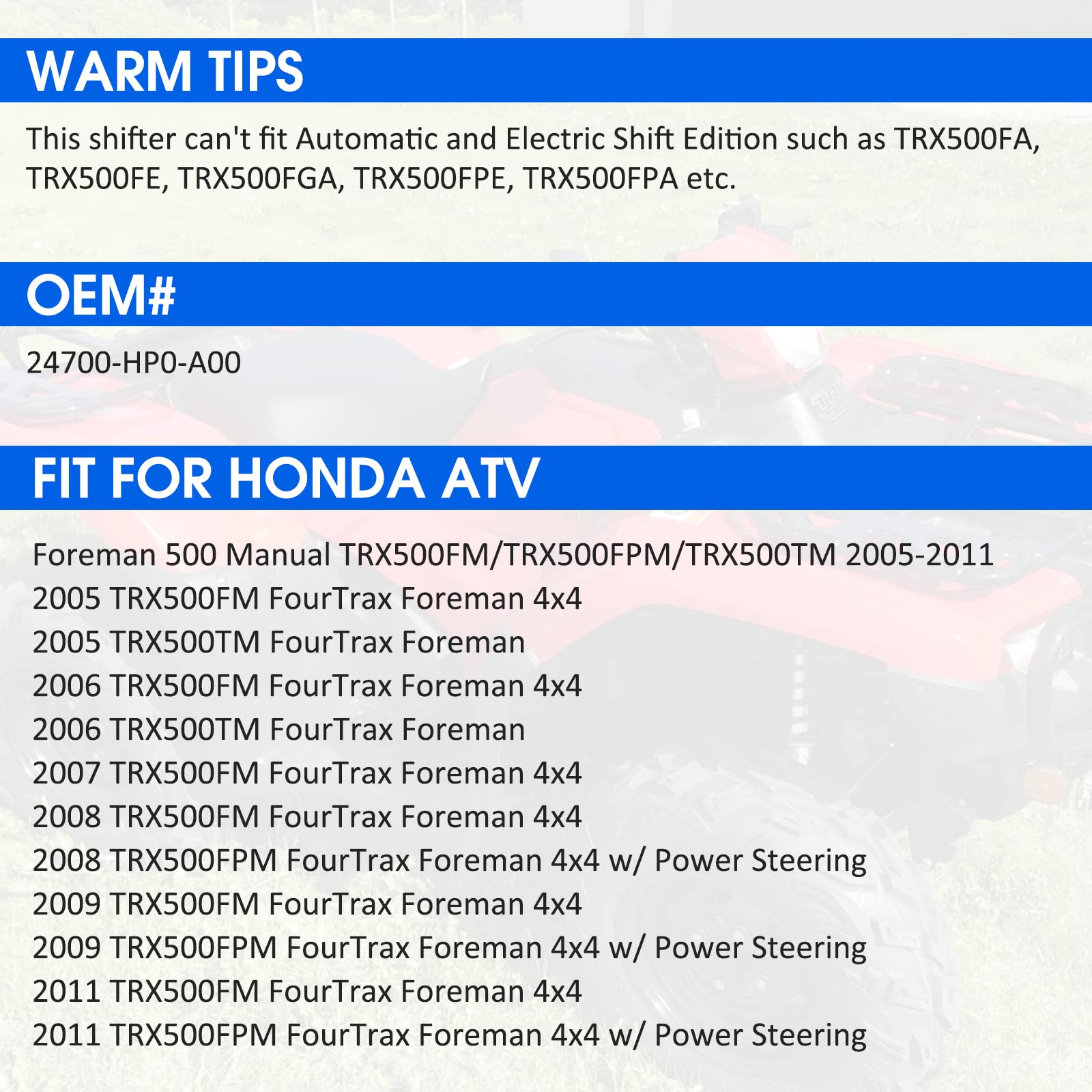 Javik Gear Shifter Shift Lever Pedal For Honda Foreman 500 Manual Trx500 Fm/Fpm/Tm 2005-2011 24700-Hp0-A00