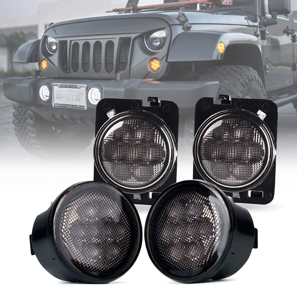 Xprite Smoked Lens Turn Signal & Side Marker Lights Kits Compatible With 2007-2018 Jeep Wrangler Jk Jku Unlimited, Jk Led Blinke