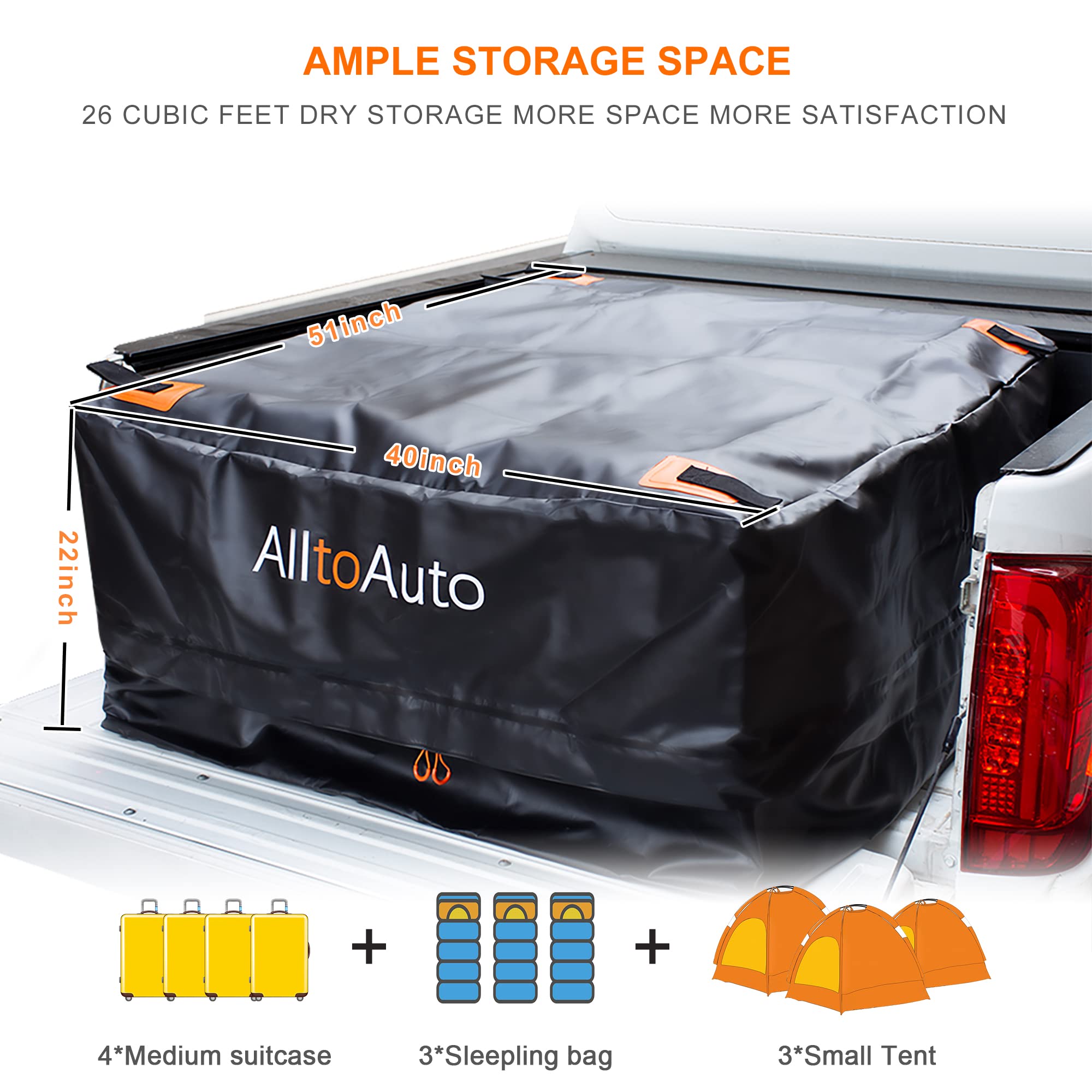 Alltoauto Truck Bed Cargo Bag With Cargo Net, 100% Waterproof 600D Heavy Duty, Fits Any Truck Size (51''X40''X22'') 26 Cubic Fee
