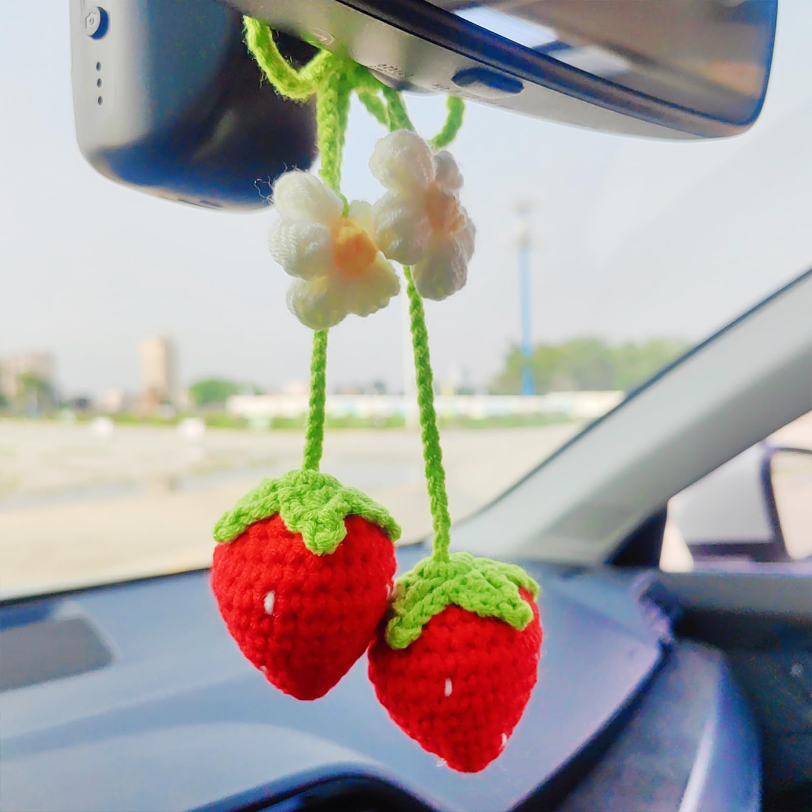 Crochet Strawberry Rear View Mirror Hanging Accessory, Flower Car Interior Ornament, Cute Hanging Decor for Women, Bag Charm