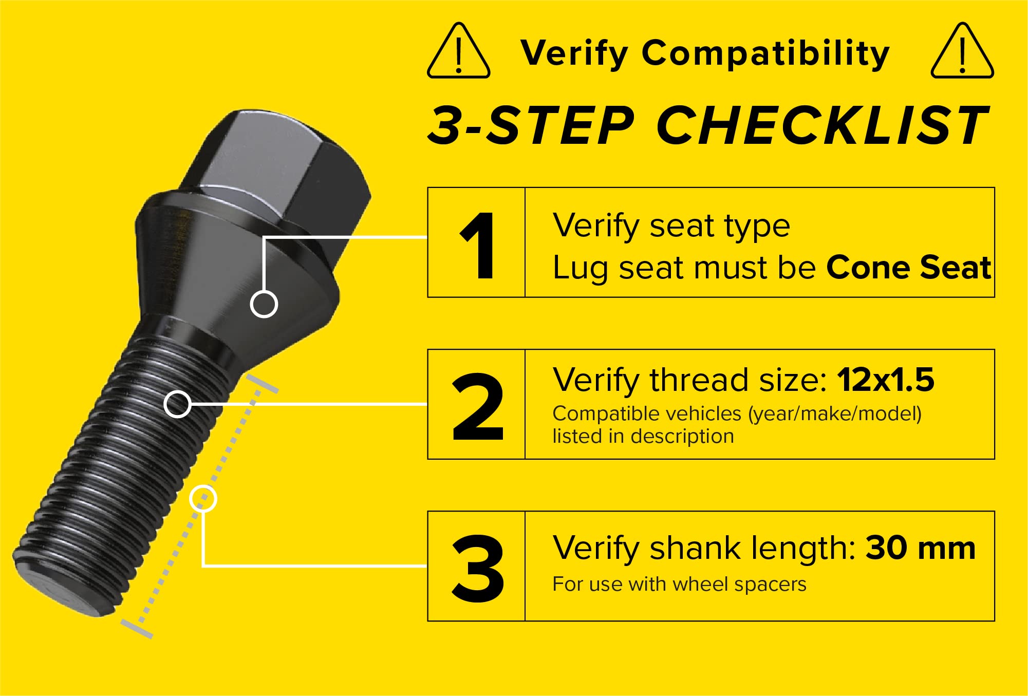 10Pcs Extended Black 12X1.5 Lug Bolts (30Mm Shank Length, Cone Seat) Not Oem Length - Compatible With Bmw 128I 135I 318I 320I 325I 328I 335I M3 525I 528I 530I 535I M5 Z3 Z4 E36 E46 E60 E90 E92 E93