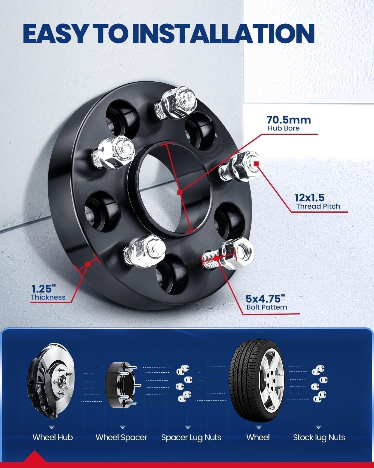 KAX 5x4.75 Wheel Spacers,Forged 1.25 inch 5 Lug Hub Centric Wheel Spacers with M12x1.5 Studs 70.5mm Hub Bore,fit for S10,Corvett