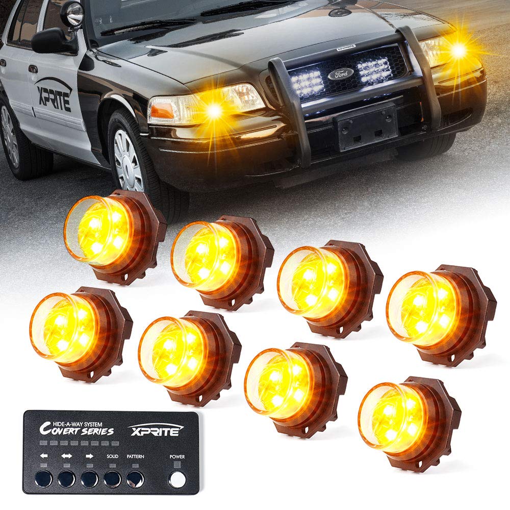 Xprite Amber Led Hideaway Strobe Lights Kit 20 Flashing Patterns W/Control Panel Headlights Taillights Fog Light Mounting, For R