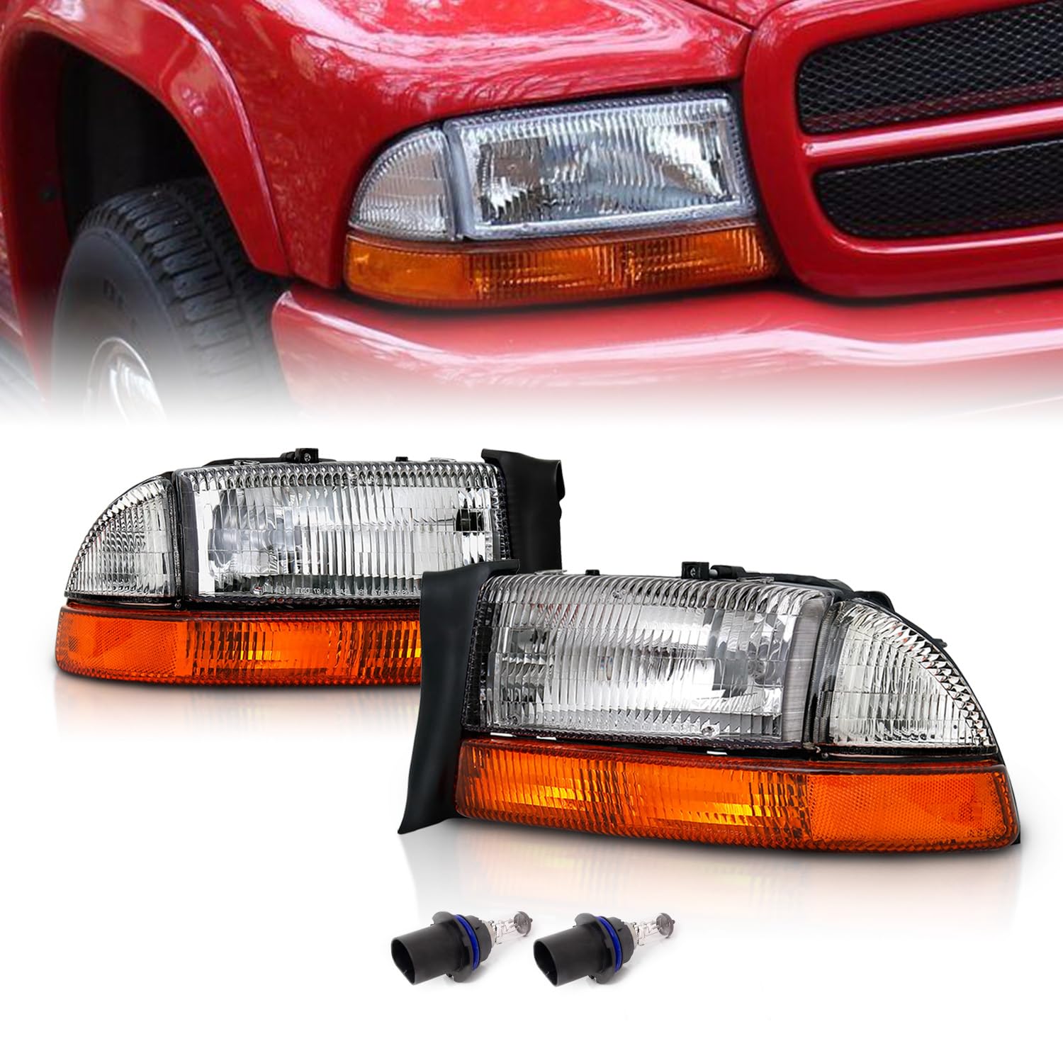 Amerilite Chrome Headlights Parking Turn Signal Sets (4Pc) For Dodge Dakota/Durango (Pair) W/Mounting Bracket