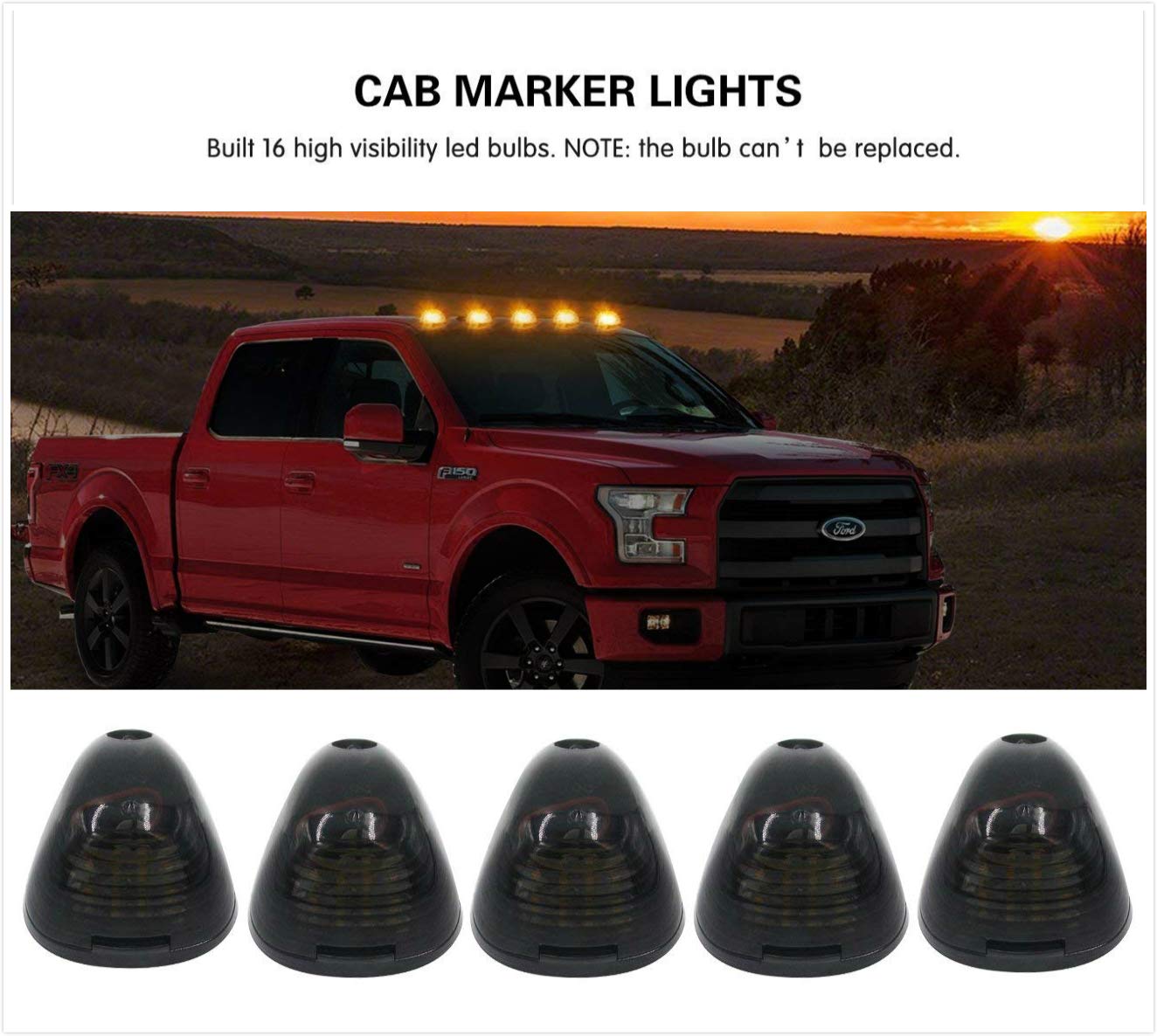 5 X Cab Marker Light, Smoke Lens With Amber 16 Led Roof Running Lights, Top Clearance Light For 1999-2016 Ford F150 F250 F350 F4