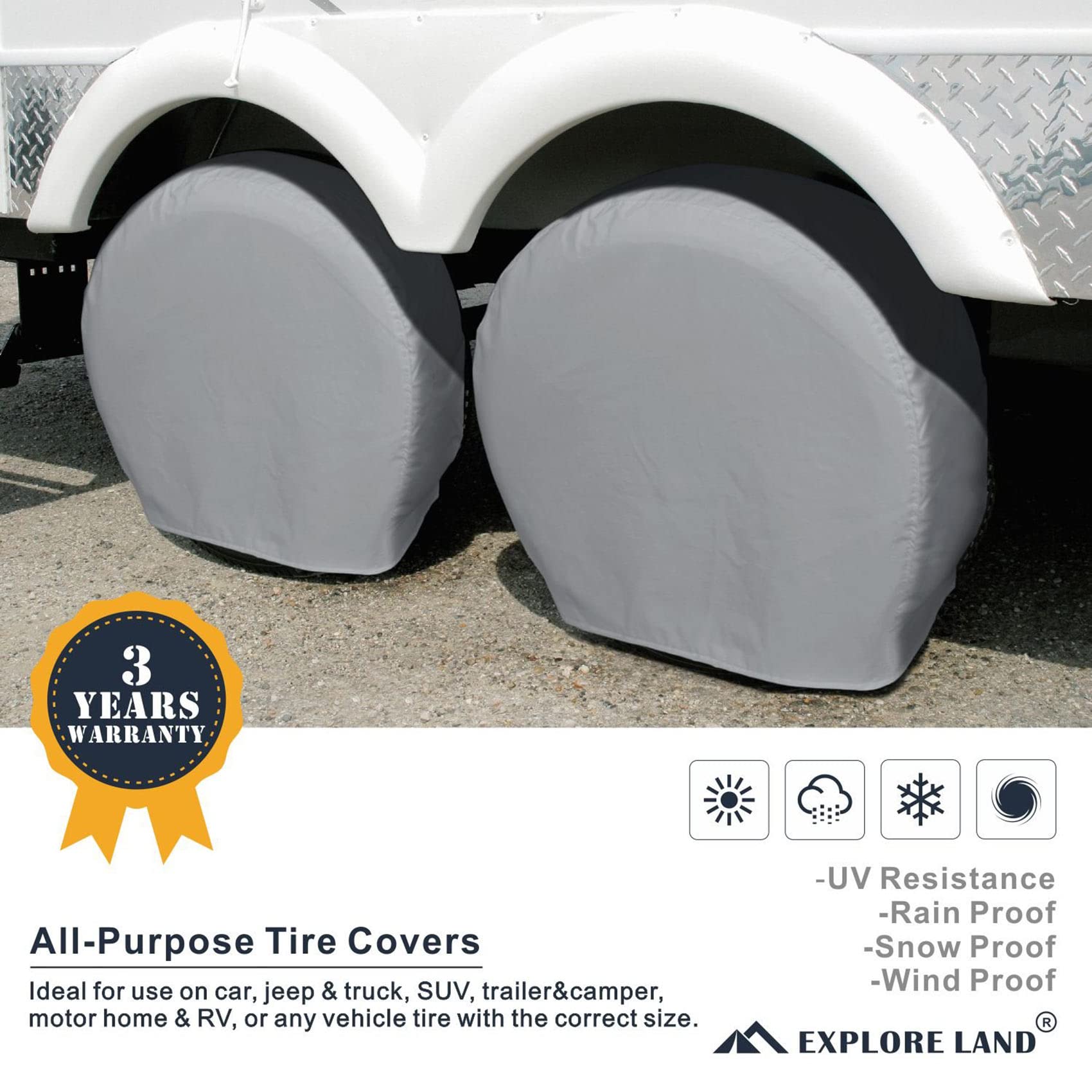 Explore Land Tire Covers 4 Pack - Tough Tire Wheel Protector For Truck, Suv, Trailer, Camper, Rv - Universal Fits Tire Diameters 32-34.75 Inches, Charcoal