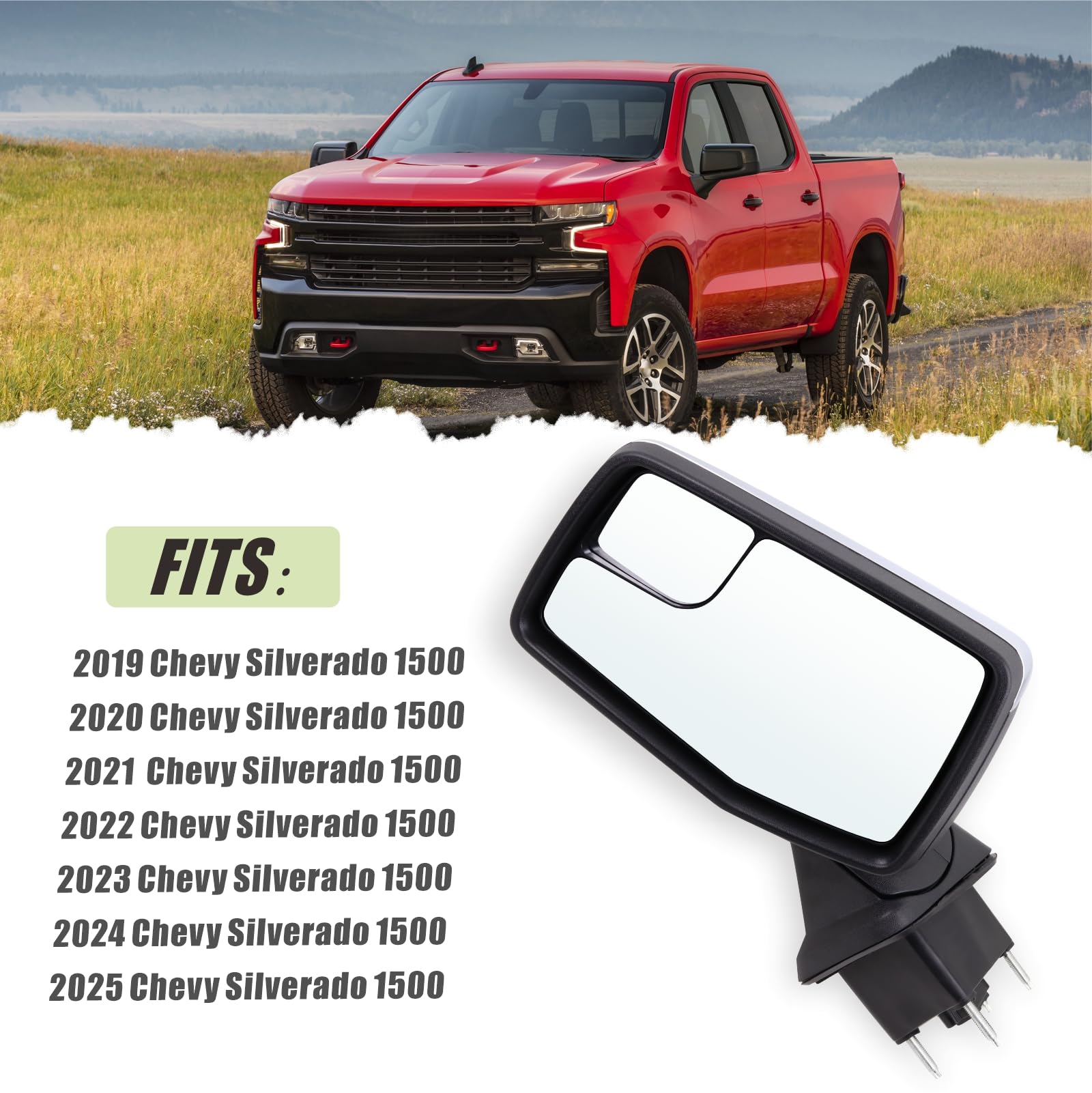 Lqito Left Driver Side Mirror Compatible With 2019-2025 Chevy Silverado 1500 With Power Glass Manual Folding Non-Heated Chrome R