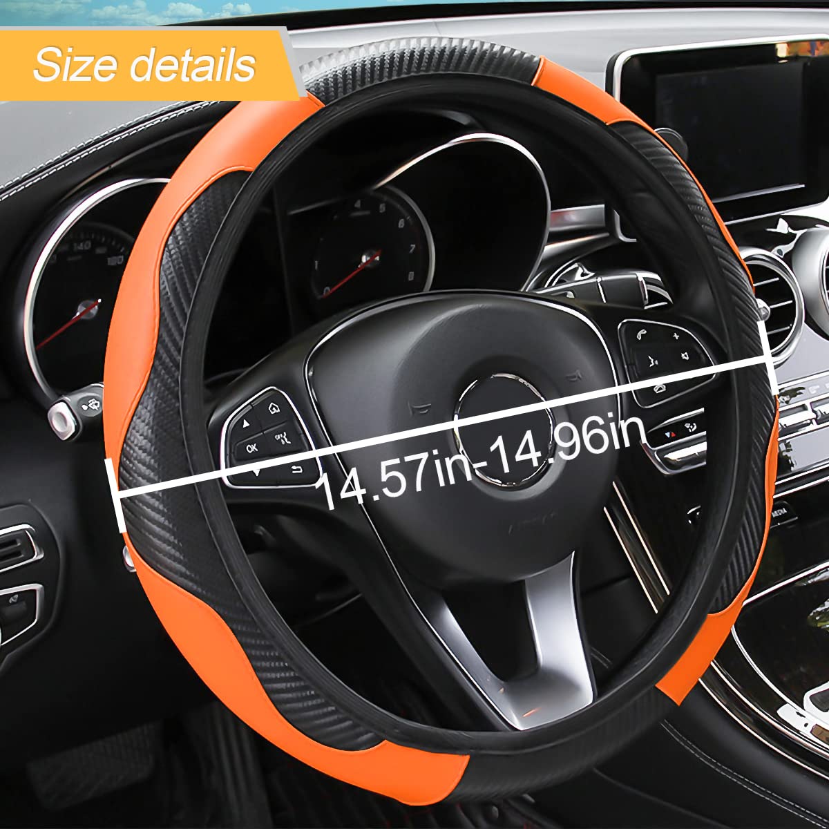Car Steering Wheel Cover, 15 Inch Pu Leather Carbon Fiber Elastic Stretch Without Inner Ring, Breathable Anti-Slip Auto Steering