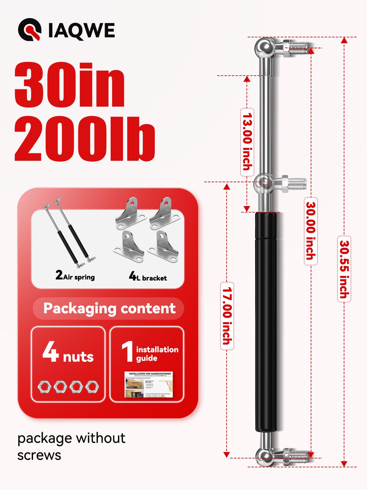 Iaqwe 30Inch 200Lbs/890N Gas Struts Springs Shocks Lift Support With L-Type Mounts For Boat Cover Rv Bed Storage Heavy Duty Tool