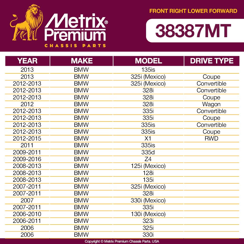 Metrix Premium Chassis Parts - Front Right Lower Forward Control Arm W Ball Joint & Bushing Assembly Fits 13 Bmw 135Is, 13 325I