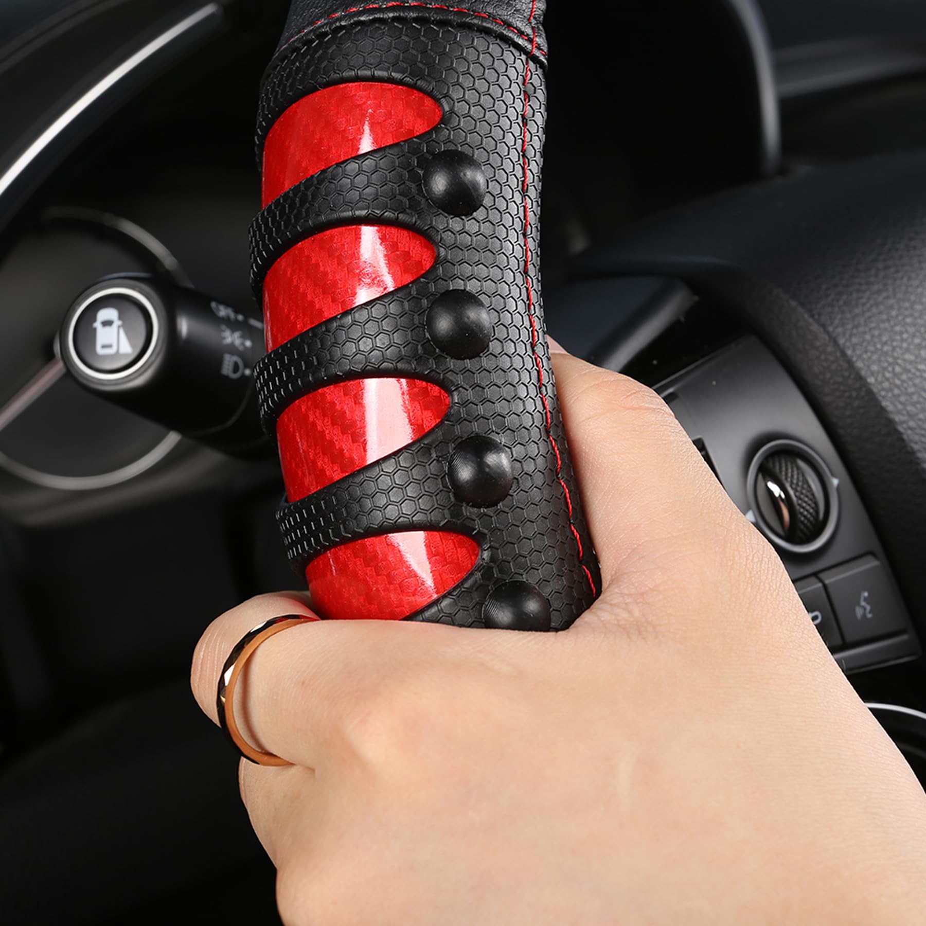 West Llama Microfiber Leather Car Steering Wheel Cover For Men Women,Universal Fit 15.5-16 Inchs(Leather Nails-Red+Black-Large S