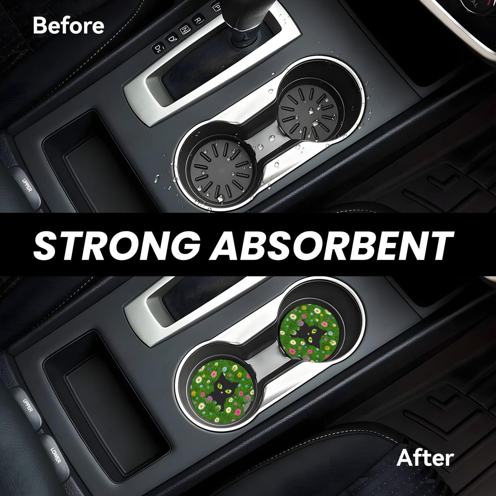 Black Cat Flower Car Cup Holder Coaster 2 Pack Absorbent Ceramic Car Coasters For Cup Holders Car Accessories Interior For Women