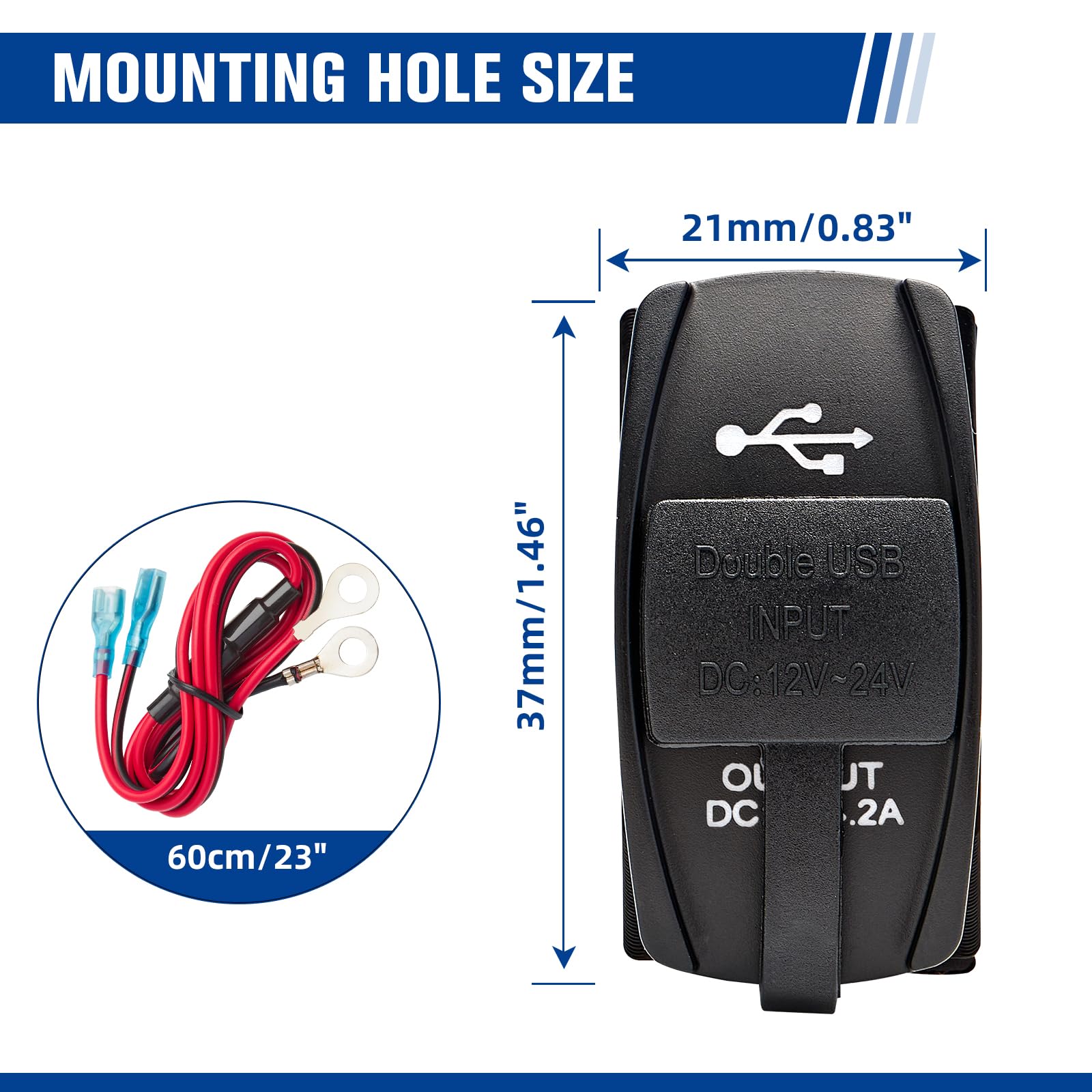 Anina 4.2A Rocker Switch Style Dual Usb Charger Blue Led Light, Waterproof Usb Port With 10A Fuse For Marine Toggle Switch Panel