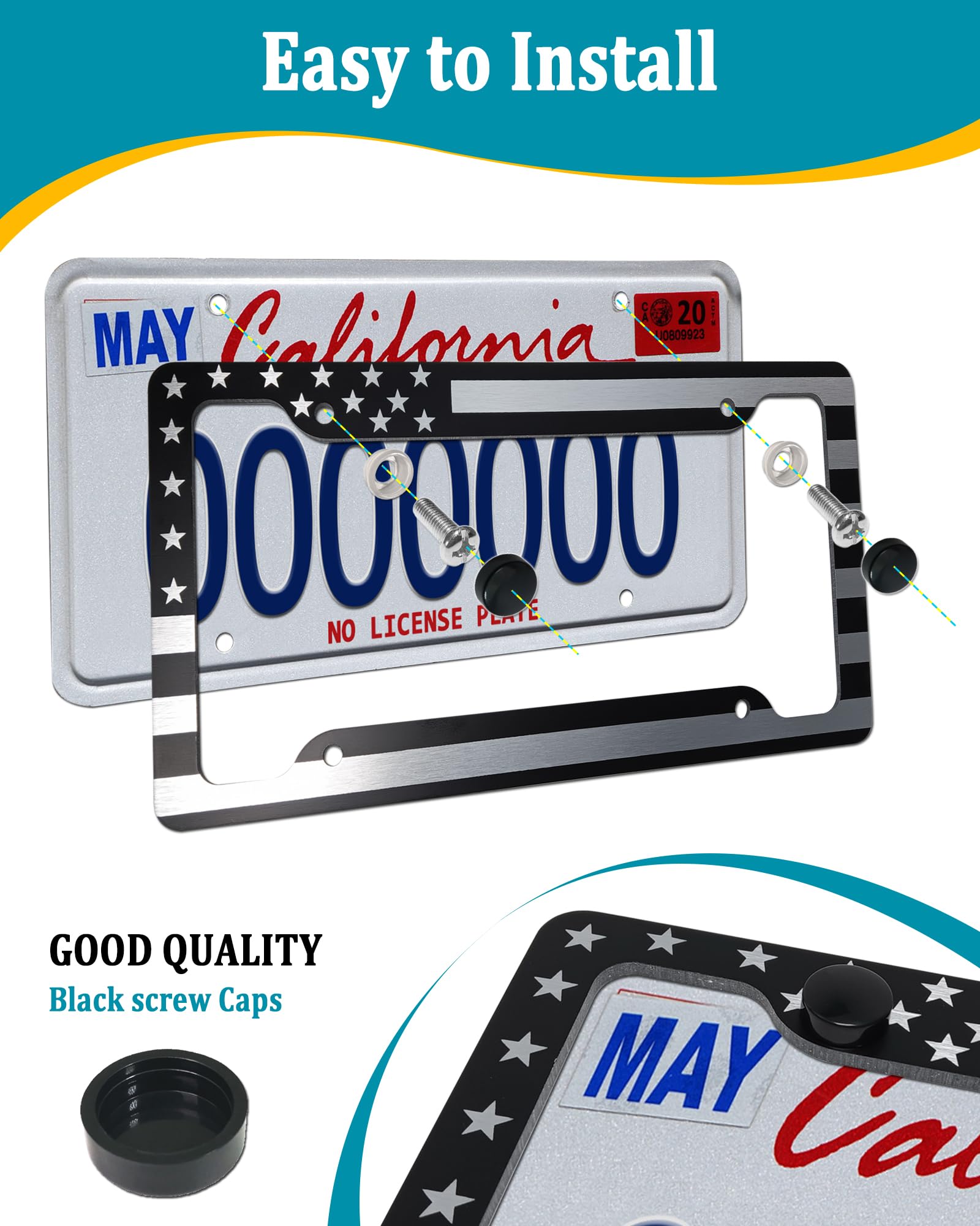 Aootf American Flag License Plate Frames- Patriotic Usa Car Tag Cover, 2 Pack 4 Hole Thin Matte Black Brushed Aluminum Plastic C