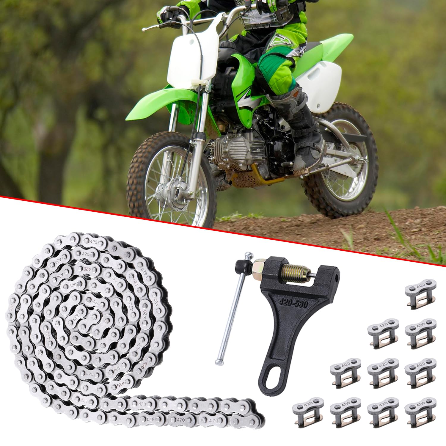 Kamier 420 Drive Roller Chain 102 Link Breaker For Crf50F Xr80R Kx65 Klx110 Ttr110 50Cc 70Cc 90Cc 110Cc 125Cc Ssr Taotao Coolster Baja Ice Bear Kayo Pit Dirt Bike 4 Wheeler Atv Go Kart Mini Bike Parts