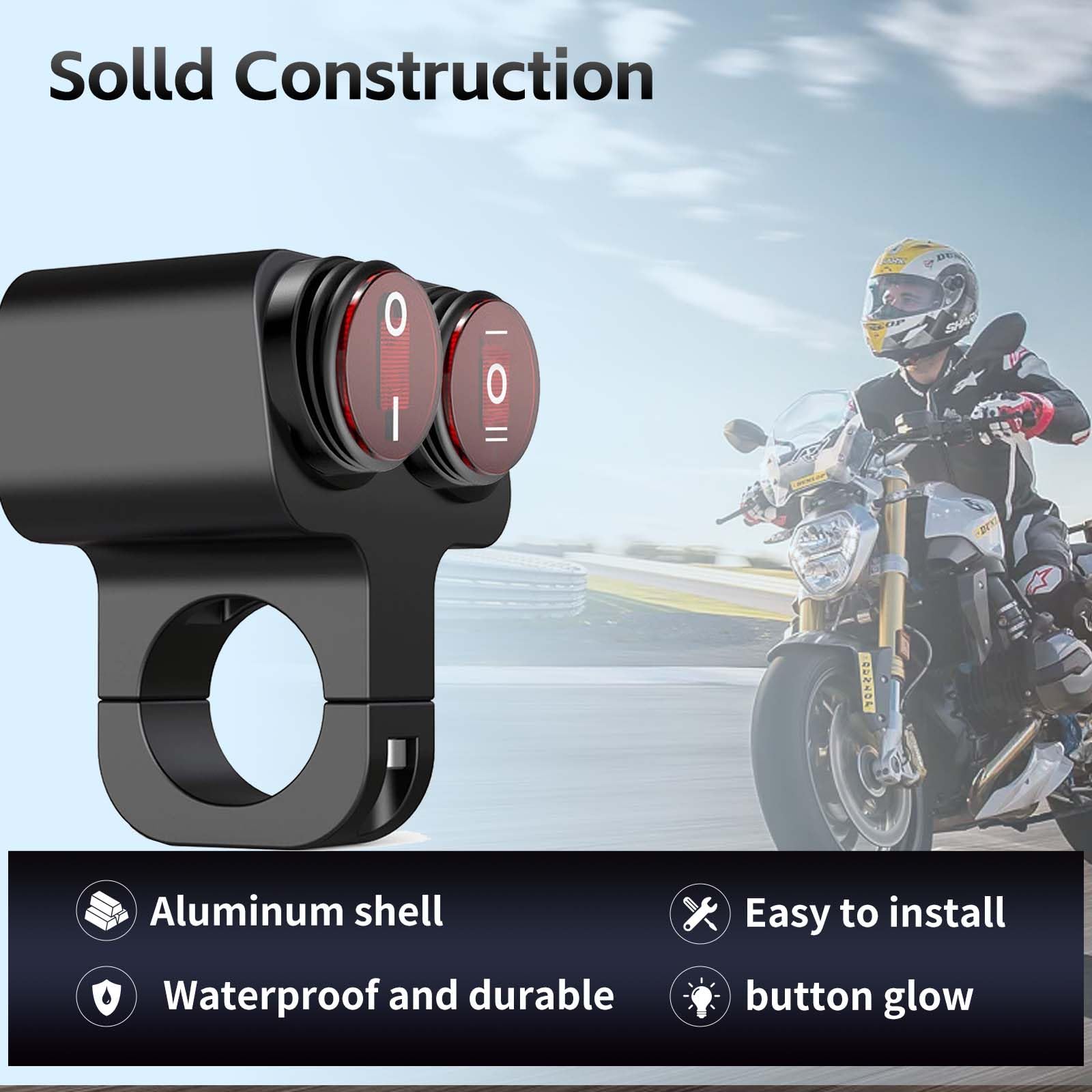 Waterproof Motorcycle Atv 7/8' Light Bar Switch, 12V 16A Double Control Switch, Cnc Aluminum Alloy Handlebar Toggle Switch, Hazard Brake Fog Light On-Off-On Switches, Red Indicator Light