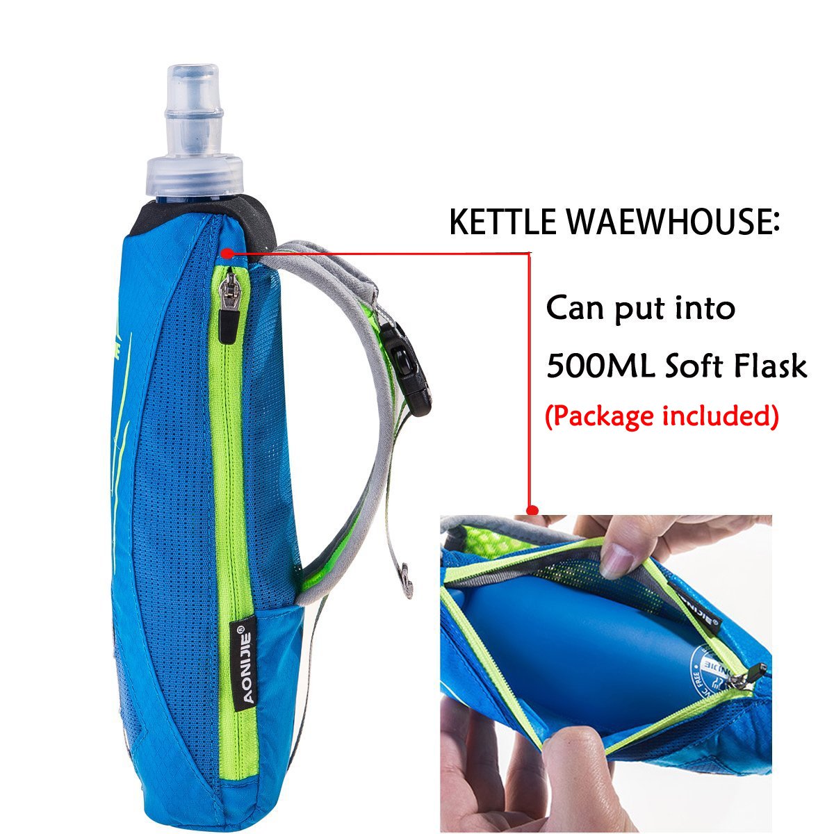Geila Handheld Water Bottle For Running, 17 Oz Grip Handheld Bottle With Hand Strap Hydration Pack, Sport Soft Flask (Blue)