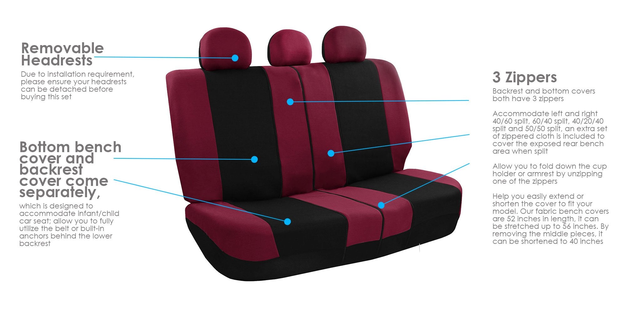 FH Group Car Seat Covers Full Set Cloth,Universal Fit combo,Washable Automotive Seat Covers,Low Back Front Seat Covers,Airbag Compatible,Split Bench Rear Seat for SUV,Sedan,Van Burgundy