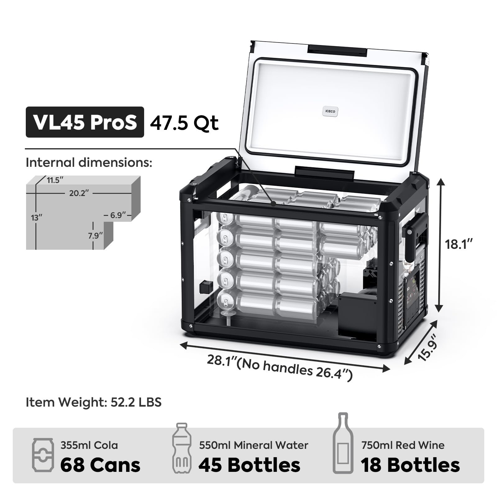 ICECO VL45 ProS 45L Portable Refrigerator, Black, Dual USB & DC/AC Power, Multi-Directional Lid, 0℉ to 50℉ - Upgrade Model