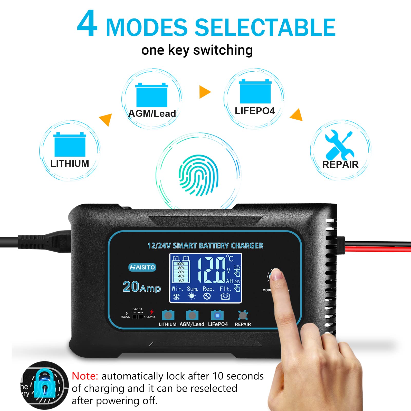 20 Amp Lithium Battery Charger, 12V and 24V Lifepo4,Lead-Acid(AGM/Gel/SLA..) Portable Car Battery Charger,Battery Maintainer, Tr