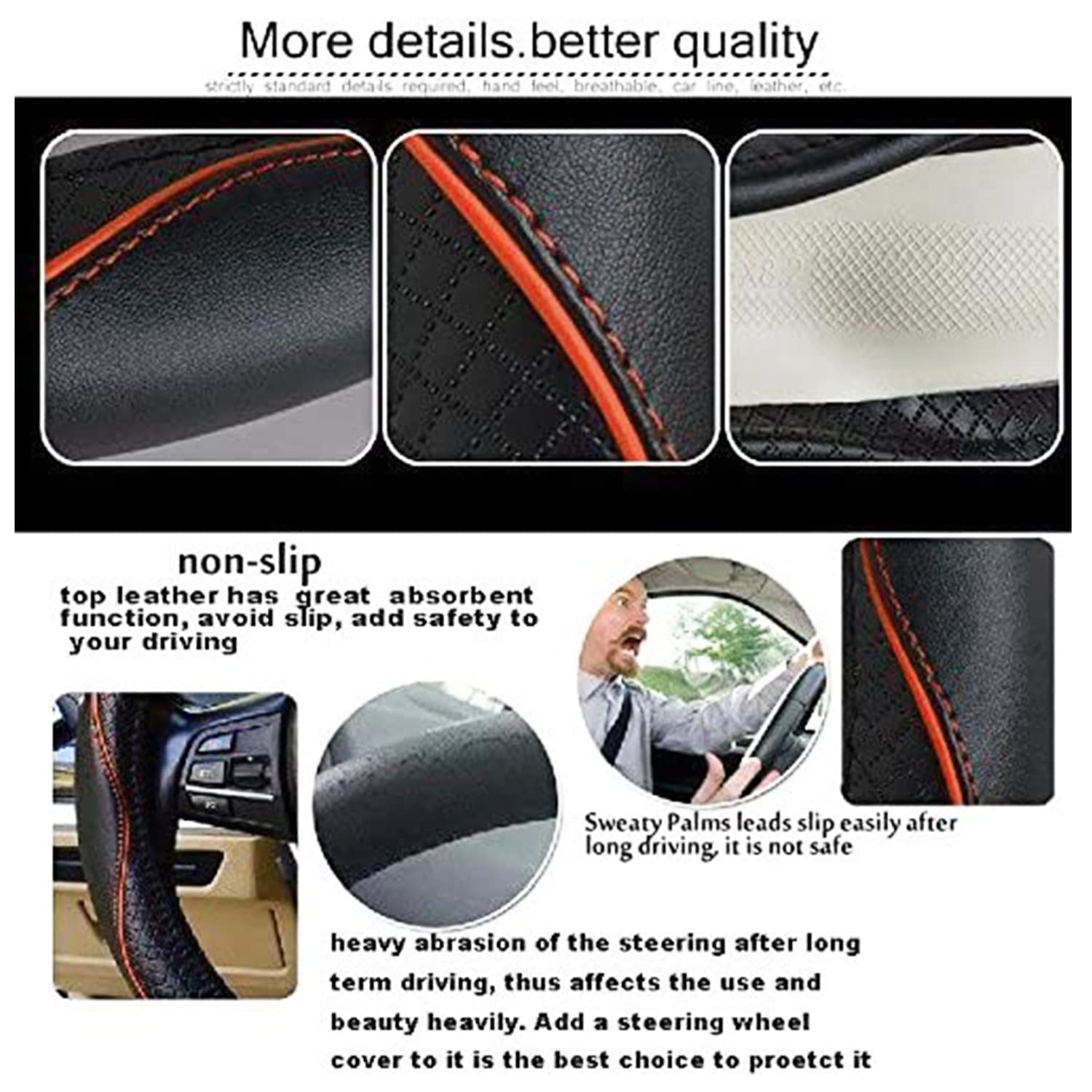 Car Steering Wheel Cover, Anti-Slip, Safety, Soft, Breathable, Heavy Duty, Thick, Full Surround, Sports Style (Black With Light Orange Line)