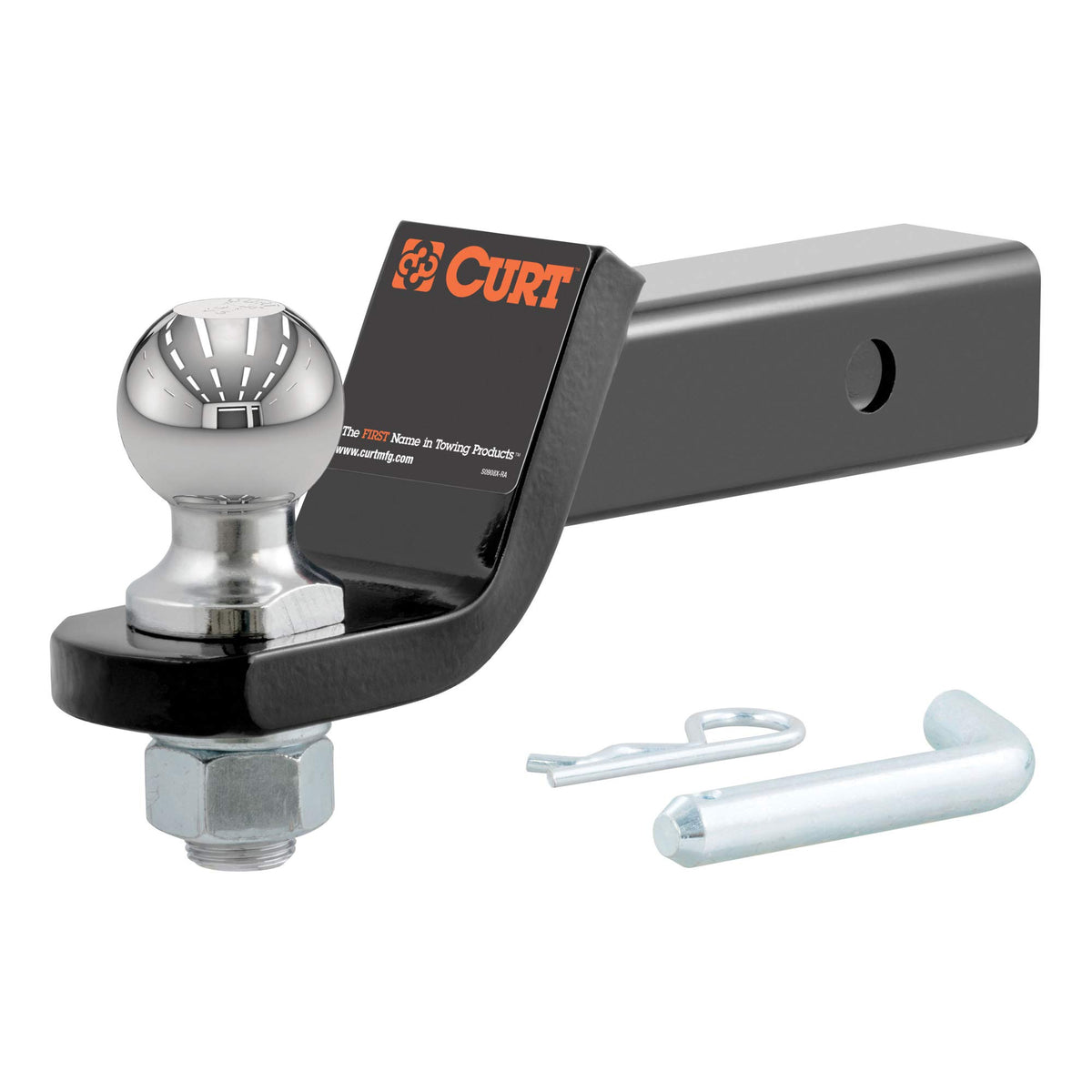 Curt 45036 Trailer Hitch Mount With 2-Inch Ball & Pin, Fits 2-In Receiver, 7,500 Lbs, 2' Drop, Gloss Black Powder Coat