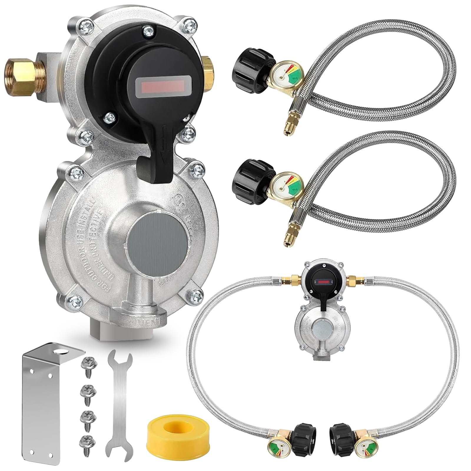 Rv Propane Regulator 2 Tank Hoses, LP Gas Regulator 2-Stage Auto Changeover Kit, Dual Tank Hoses with Propane Tank Gauge, Two-Cy