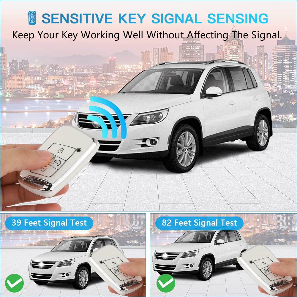 1797 For Volkswagen Vw Key Fob Cover Jetta Tiguan Arteon Atlas Taos Accessories Car Key Chain Case Shell Protector Women Men 4 Button White Silver Tpu