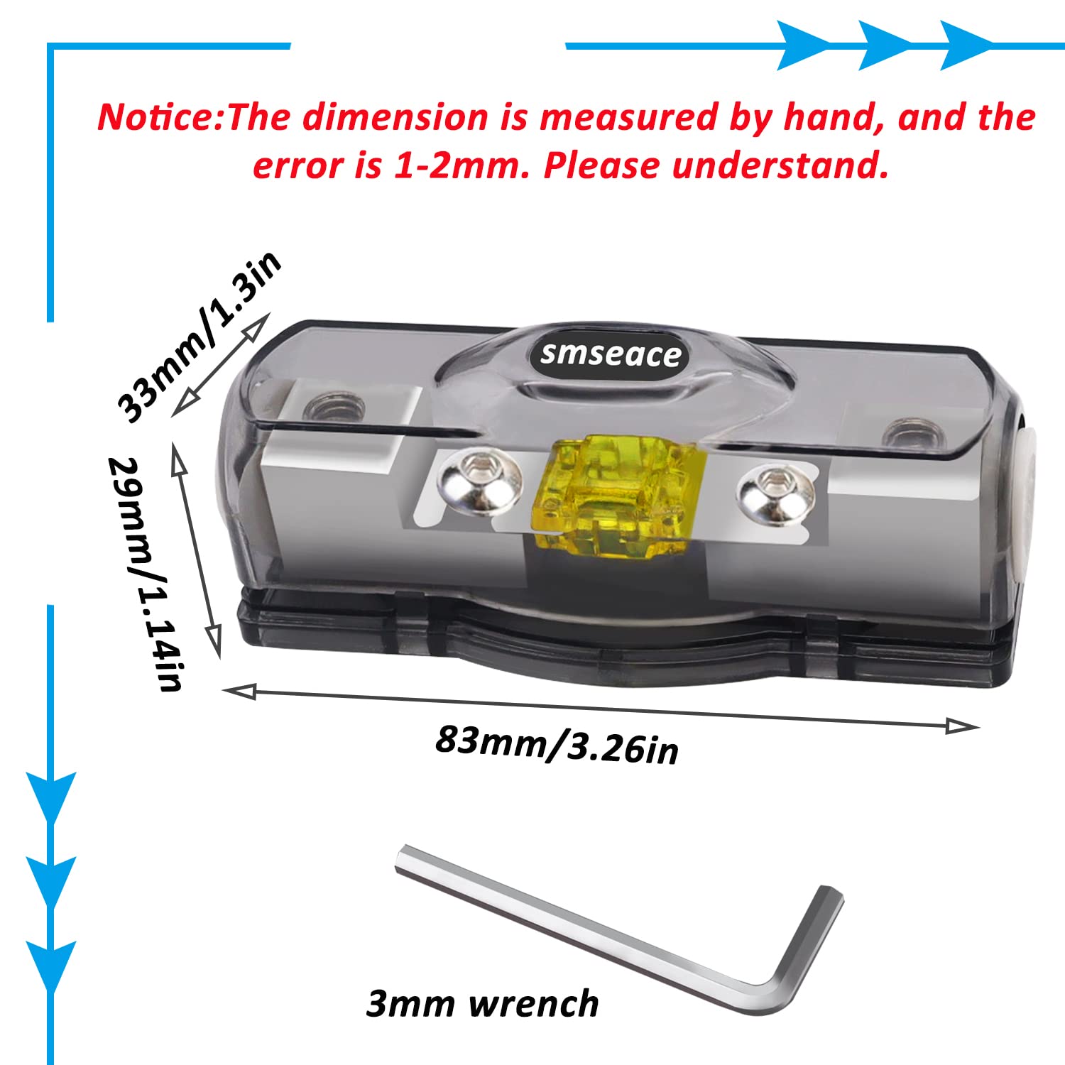 smseace 120A Mini ANL Fuse Holder with Mini Fuse, 4-Gauge, Includes Hex Wrench for Car Audio Stereo System