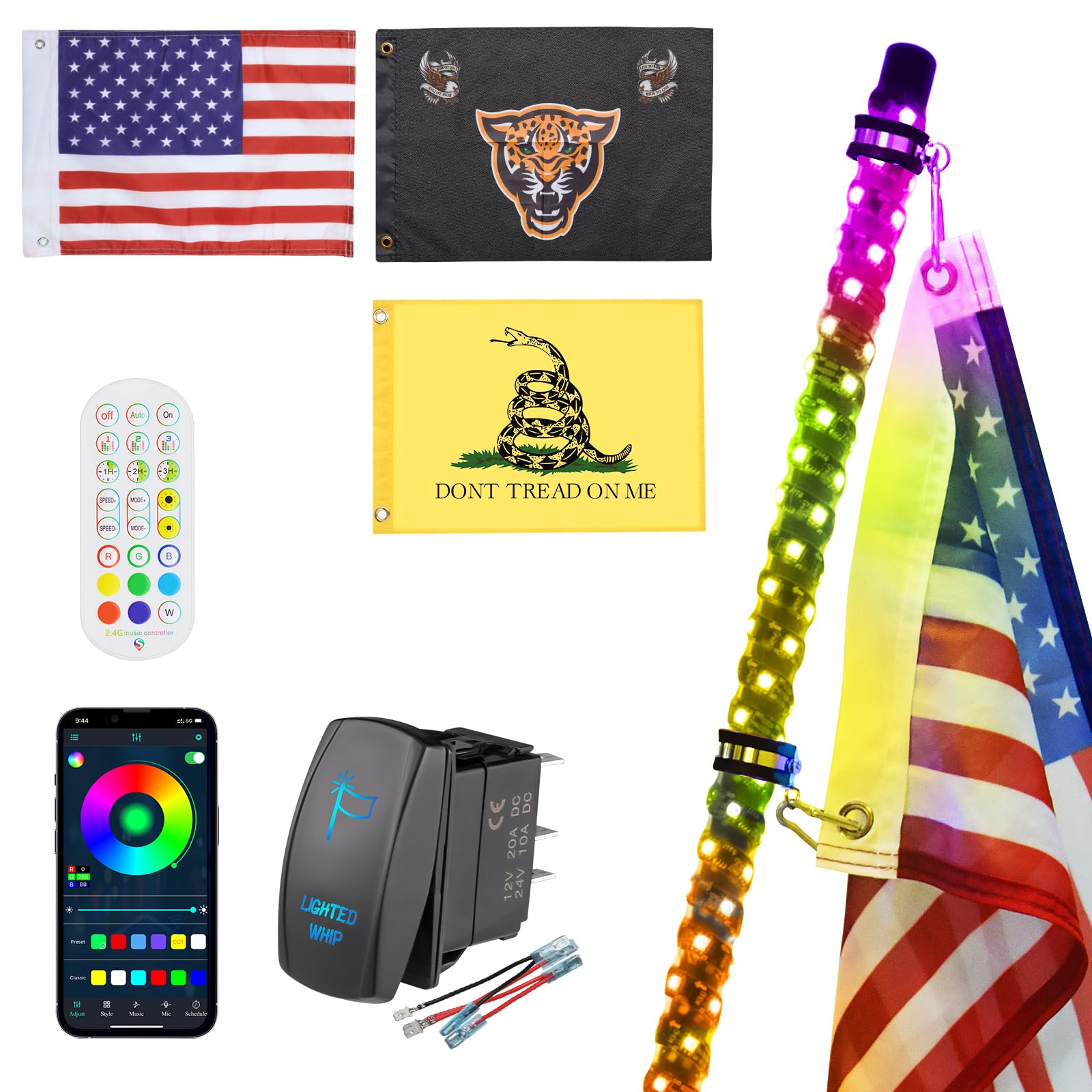 Ehaho 1 Pack 5Ft Whip Lights, Led Whip Light With App & Remote Control, Spiral Rgb Chasing Lighted Whips With Rocker Switch, Mus