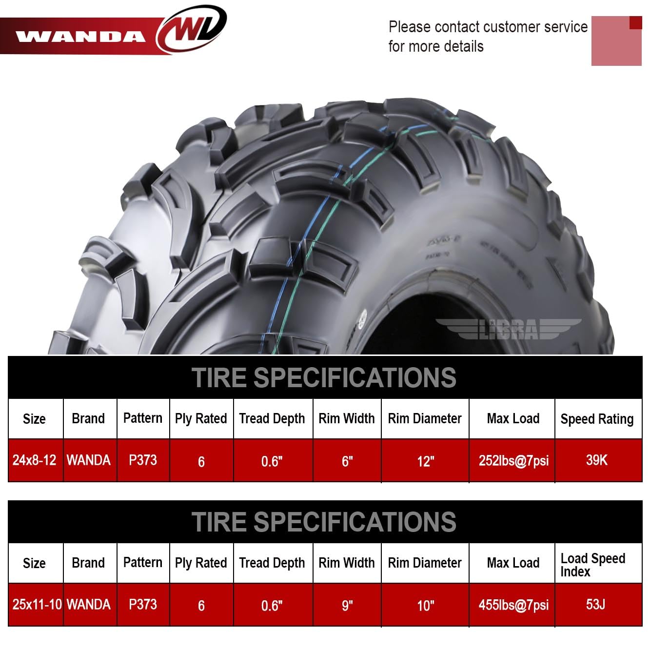 Wanda Utv Atv Tires 24X8-12 Front & 25X11-10 Rear /6Pr P373 Lit Mud