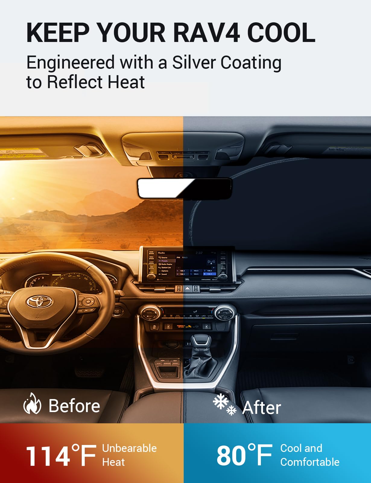 Proadsy Silver Foldable Windshield Sun Shade for 2019-2025 Toyota RAV4 SUV - Custom Fit Sunshade Protector Accessories