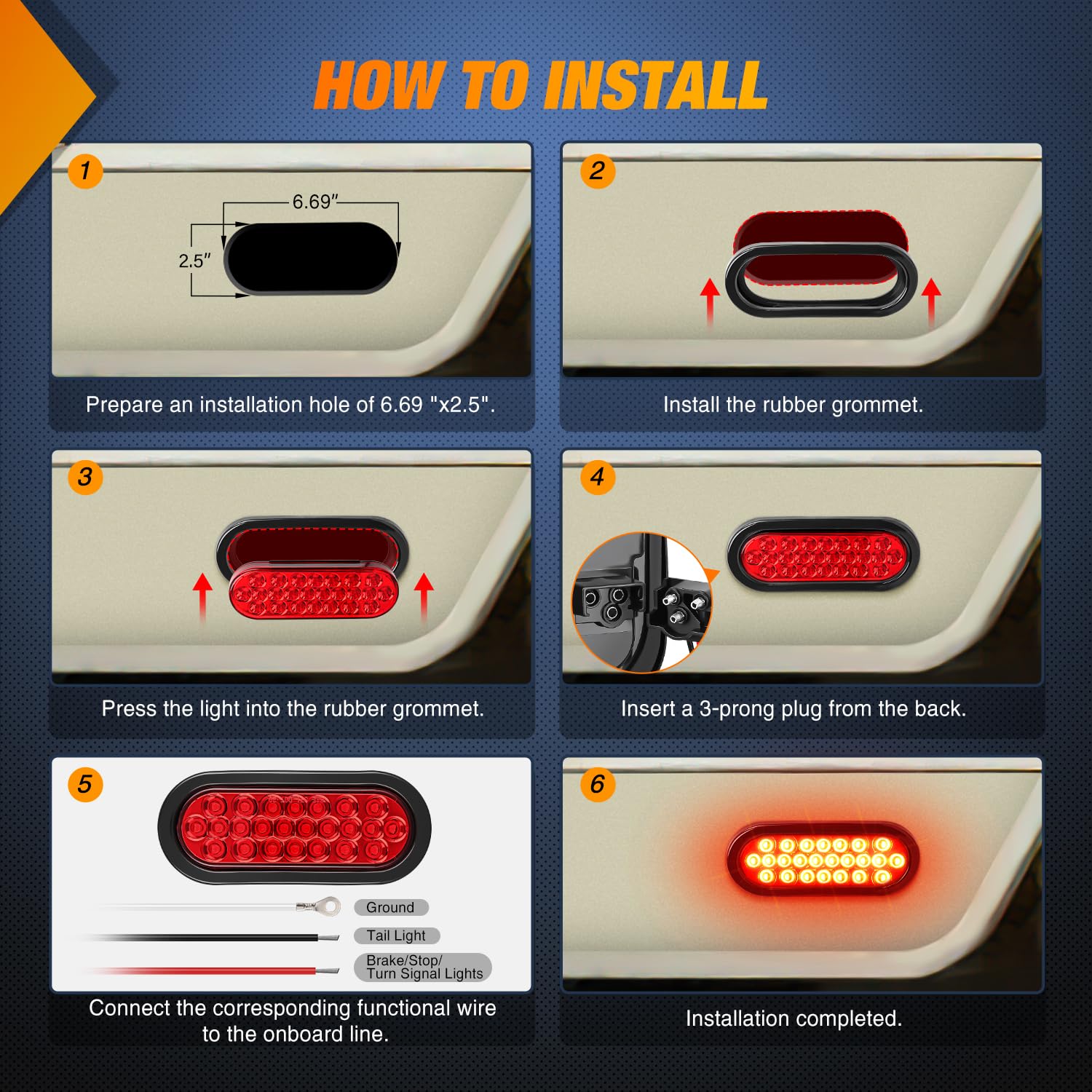 Nilight 6Inch Oval Trailer Tail Light 4Pcs Red 24Led Stop Brake Turn Marker Lights W/Flush Mount Grommets Plugs Ip67 Waterproof