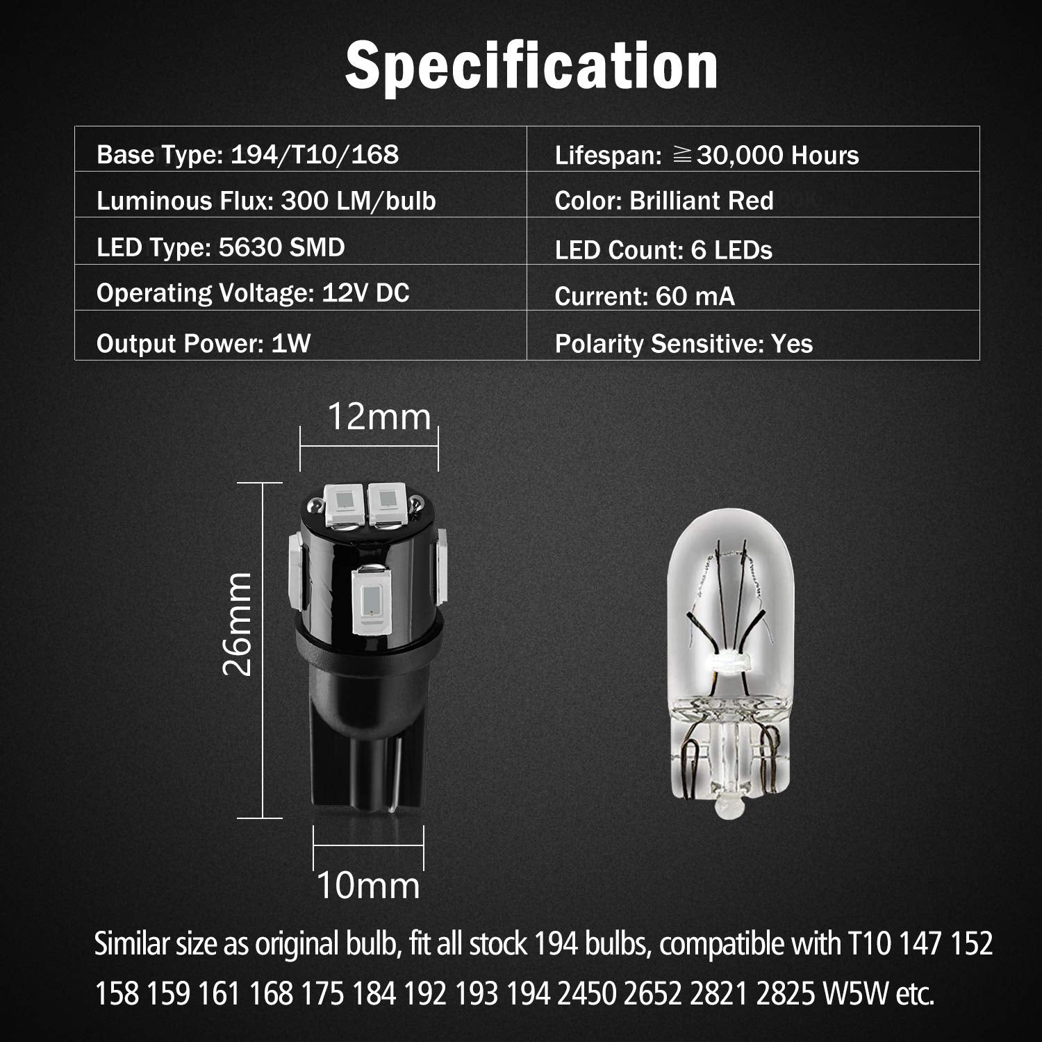 Brishine 194 Led Bulbs Extremely Bright Brilliant Red 5630 Chipsets 168 2825 175 T10 W5W Led Replacement Bulbs For Interior Map