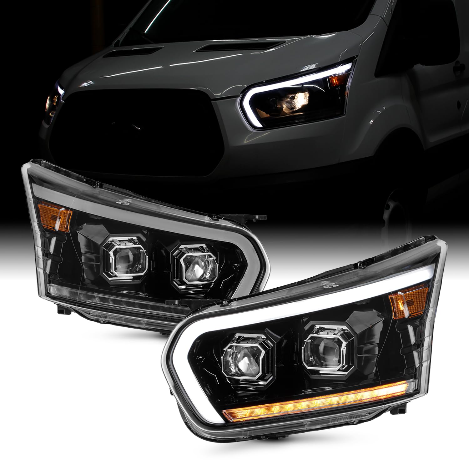 AKKON - Fits 2015-2023 Ford Transit 150 250 350HD Projector Glossy Black Headlight Pair Left+Right w/LED Tube DRL Signal
